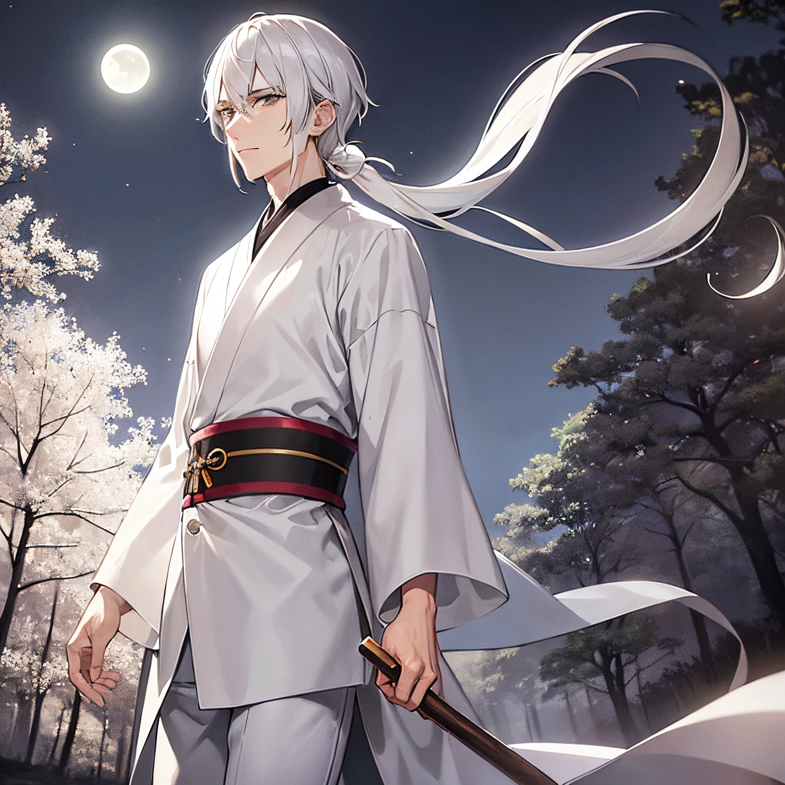 Tall man, white eyes, long gray hair, wearing a white kimono with moon crescent patterns, white pants, walking in a forest at night, looking at the viewer, cowboy shot, masterpiece