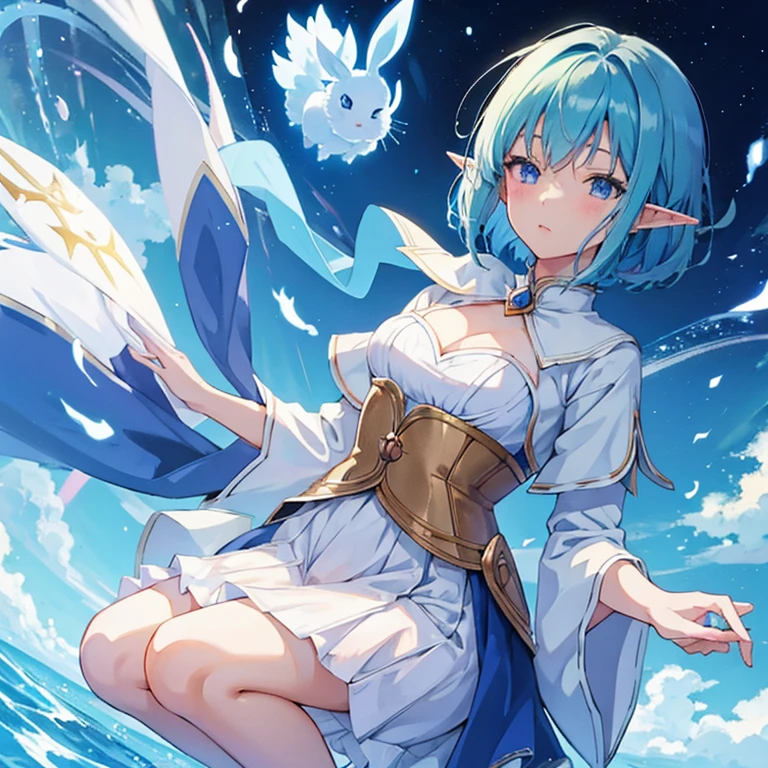 anime girl elf with short blue hair holding a white rabbit, cute anime in a nice mage outfit