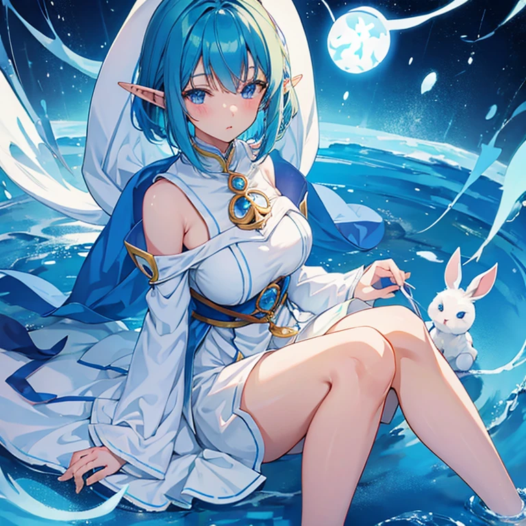 anime girl elf with short blue hair holding a white rabbit, cute anime in a nice mage outfit