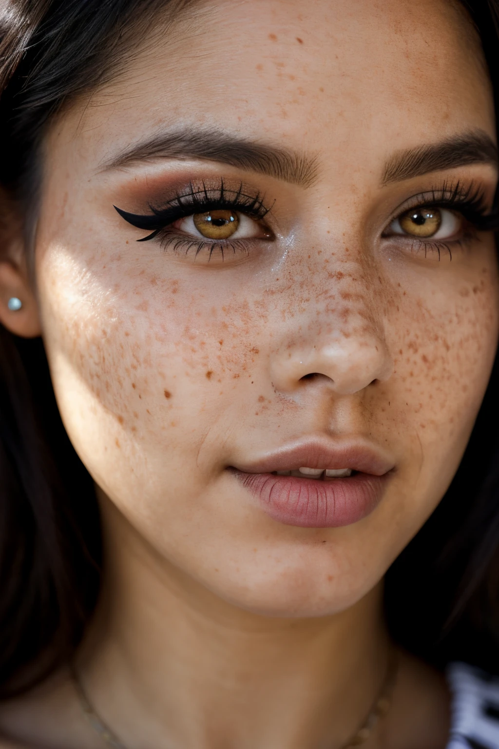 araffe Lauren jauregui sonrriendo,in a colorful feliz(Tattered clothes:1.1),long black hair, (white stocking) , 16 years old German girl, young divine-feminine girly, almond eyes, angelically face, (albinism skin pelo verde a close up of a woman with freckles on her face, round chin black eyeliner, dark eyeliner, black eyeliner, black heavy eyeliner, thick fancy eyeliner, face closeup, eyeliner, dark eye shadow, closeup shot of face, freckles on the nose, close-up shoot, full close-up portrait, facial closeup, hint of freckles, close - up on face