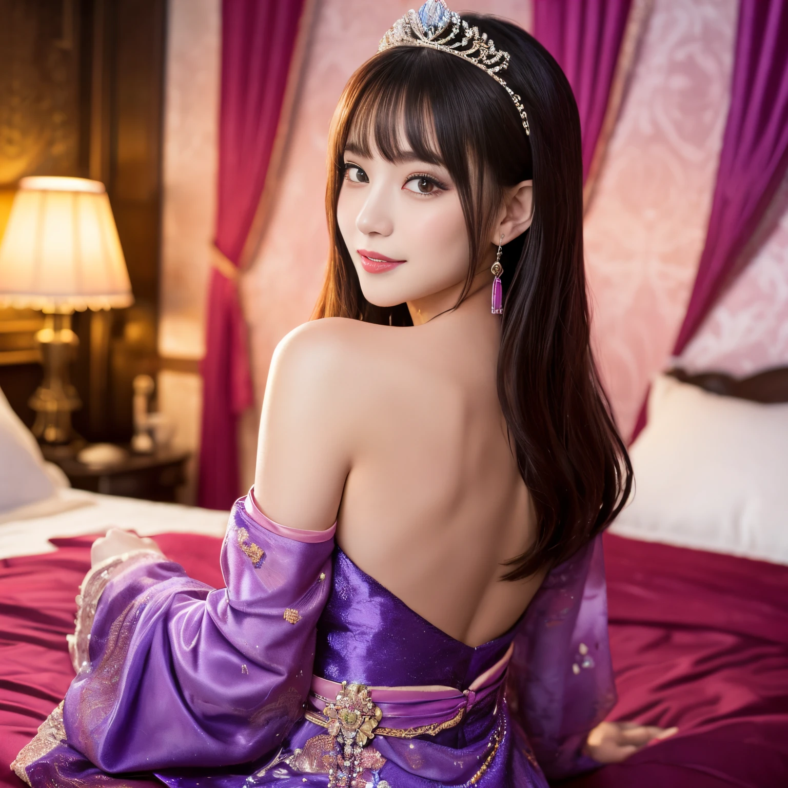 (top-quality、masutepiece、8K、Top image quality、Highly complex and detailed depictions)、(Upper body of a prostitute goddess:1.1)、The best luxury where everything is unimaginable、most gorgeous chinese goddess costume、The most gorgeous goddess furisode、(Surrounded by pink and purple curtains:1.3)、sit on a huge bed、(The background is completely surrounded by curtains:1.3)、(blurry backround:1.5)、(Very romantic atmosphere:1.3)、Everything in the background is gorgeous in pink and purple、A smile staring at me、Upper body photo、Sit on the most gorgeous bed、tons of pink and purple decorations、artistic décor、(Warm mood lighting:1.3)、spectacular movie lighting、Large amount of jewelry decoration、The most luxurious and huge tiara、giant pink and purple costume、huge pink and purple sleeves、Very complex decoration、royal、(Front close-up of upper body:1.2)、Front composition、(accurate anatomy:1.3)、(Sit facing the front:1.1)、symmetrical composition、huge and magnificent bed、(moody dim room:1.3)