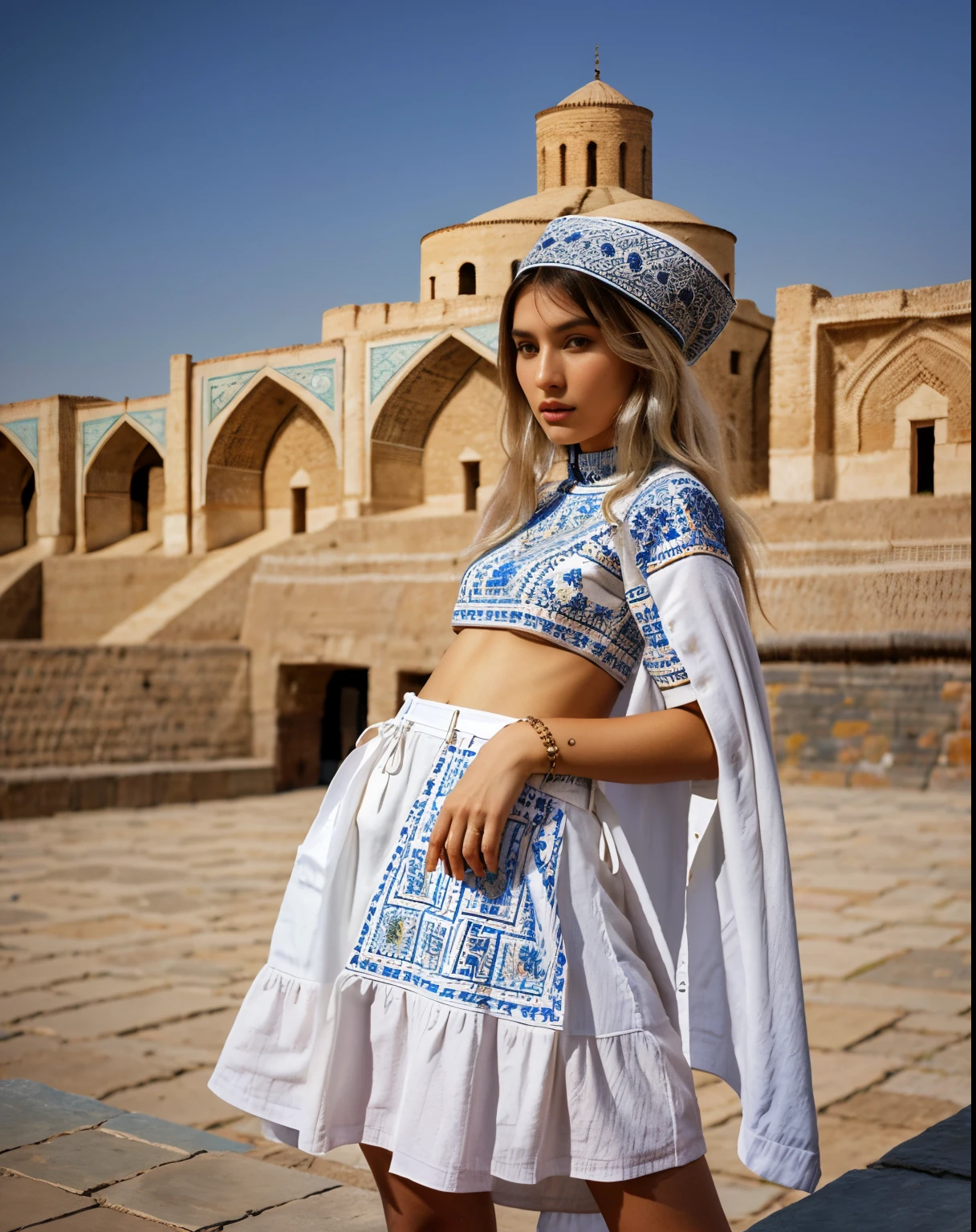 high fashion, hyperrealism, clothing in the style of the Ark fortress, the ancient citadel in Bukhara, Uzbekistan, material with a traditional pattern or drawings in the spirit of the works of artists of that time: at the same time, clothing models refer to those times,material decorated with traditional patterns or drawings inspired by the works of famous artists to create a unique image