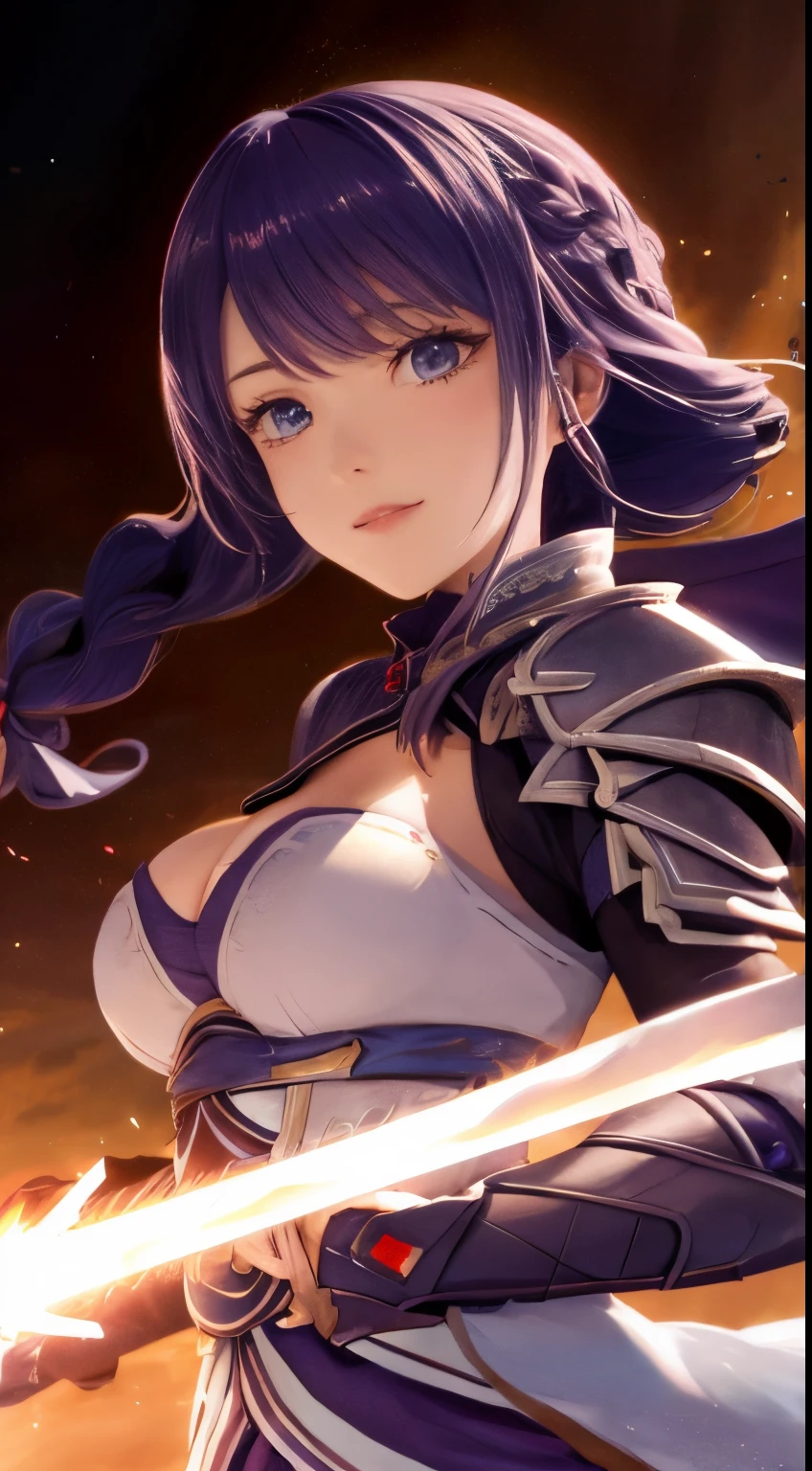 best quality, masterpiece,phSaber, phAltoria, 1girl, solo, armor, weapon, sword, glowing sword, glowing weapon, french braid, armored dress, glowing, gauntlets, holding, breastplate, hair bun, upper body
