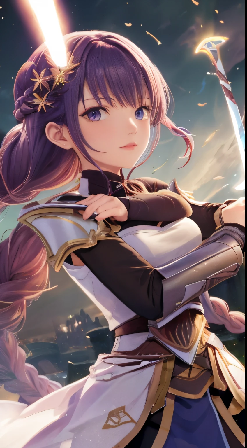 best quality, masterpiece,phSaber, phAltoria, 1girl, solo, armor, weapon, sword, glowing sword, glowing weapon, french braid, armored dress, glowing, gauntlets, holding, breastplate, hair bun, upper body