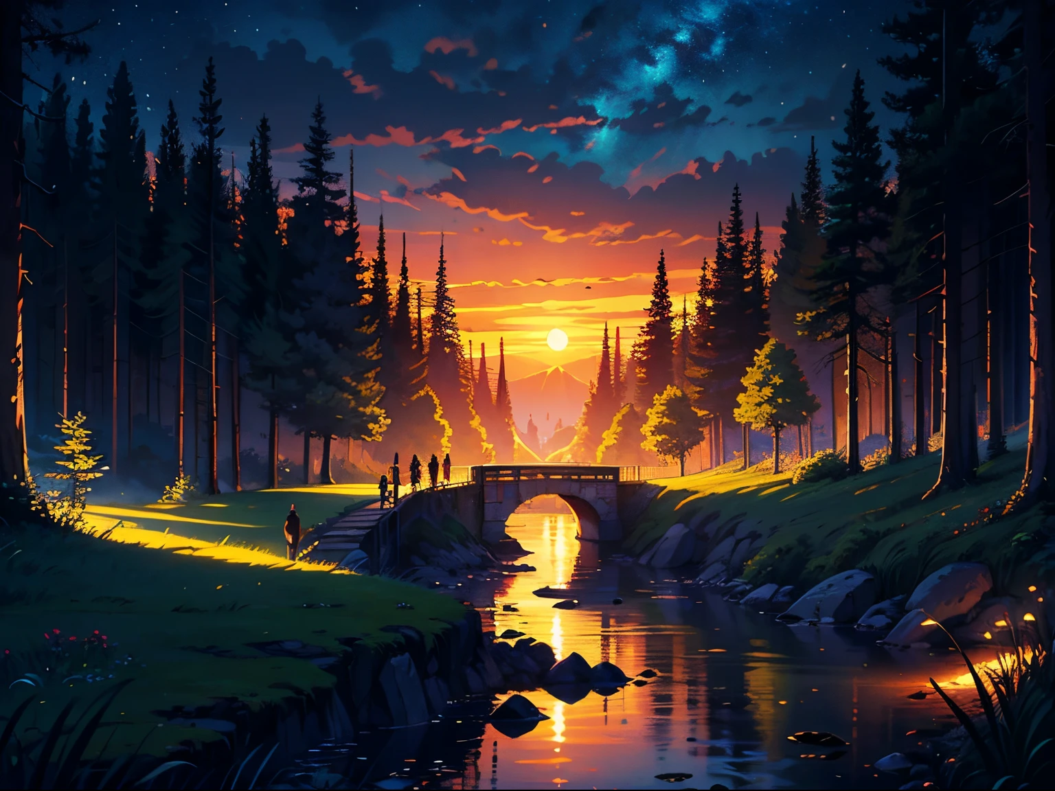 illustration, cartoon, soothing tones, calm colors, (anime), (illustration), cartoon, detailed, masterpiece, beautiful landscape, forest, pond, pathway,night, nebula, starry sky, 8k, best quality, dark shot, detailed, The light of the setting sun reflects fantastically from the seaside and scatter, sunset