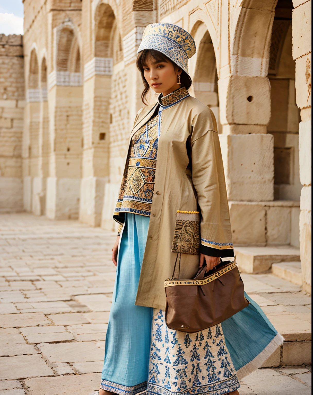 high fashion, hyperrealism, clothing in the style of the Ark fortress, the ancient citadel in Bukhara, Uzbekistan, material with a traditional pattern or drawings in the spirit of the works of artists of that time: at the same time, clothing models refer to those times,material decorated with traditional patterns or drawings inspired by the works of famous artists to create a unique image