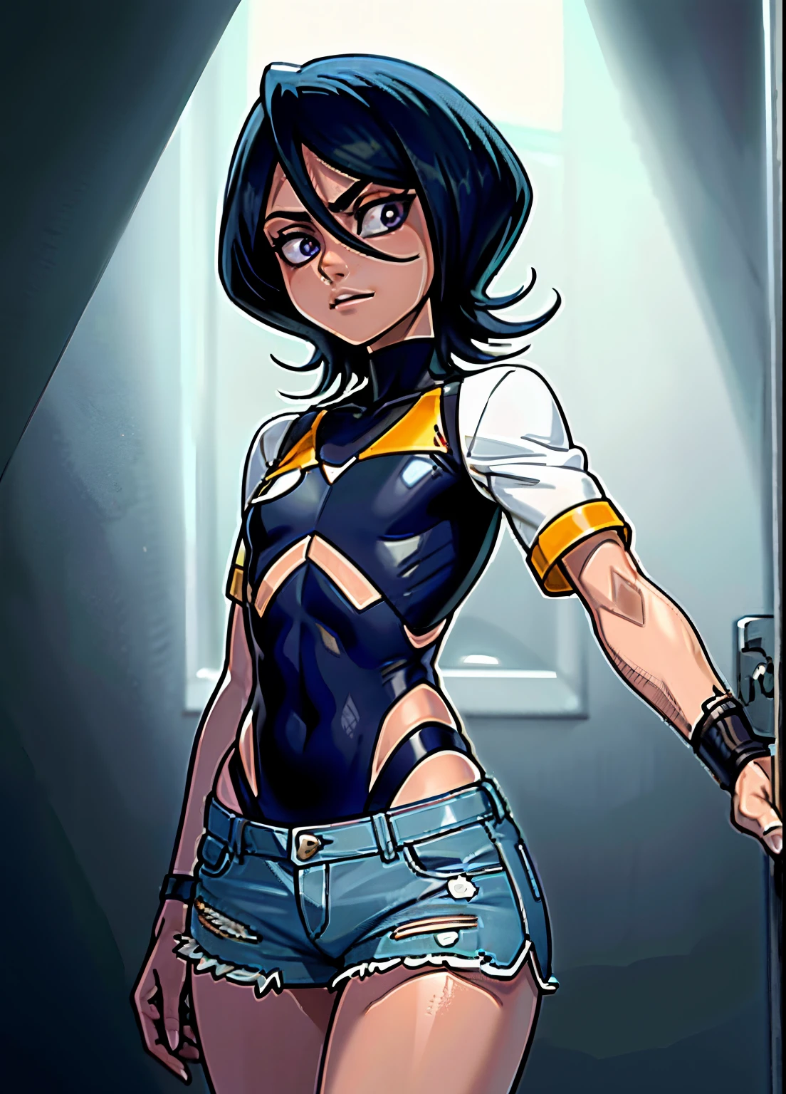 1girl, solo, michiru kagemori, gloves, thighhighs, belt, harness, boots,  blue bodysuit , skin tight, zipper, high detail, high resolution, art commission, raw photo, in blue locker room, cleavage, bending over, ((medium bulge)), (((medium erection under clothing)))