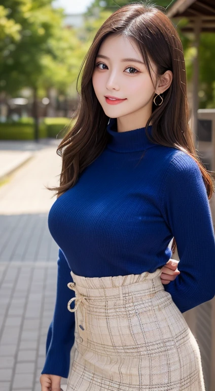 Woman in tight sweater with open chest、huge-breasted、emphasizing breasts、sexy pose、A dark-haired、thin-waist、Crouch cowgirl、Big ass、Happy smile、Muchimuchi、a park