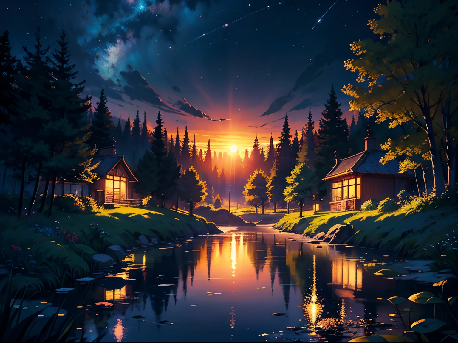illustration, cartoon, soothing tones, calm colors, (anime), (illustration), cartoon, detailed, masterpiece, beautiful landscape, forest, pond, pathway,night, nebula, starry sky, 8k, best quality, dark shot, detailed, The light of the setting sun reflects fantastically from the seaside and scatter, sunset