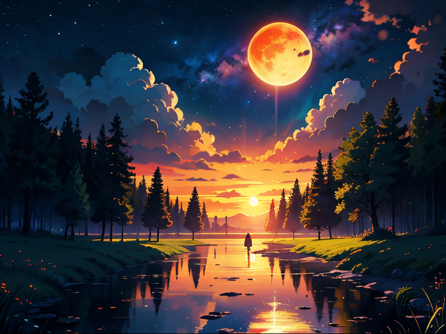 illustration, cartoon, soothing tones, calm colors, (anime), (illustration), cartoon, detailed, masterpiece, beautiful landscape, forest, pond, pathway,night, nebula, starry sky, 8k, best quality, dark shot, detailed, The light of the setting sun reflects fantastically from the seaside and scatter, sunset