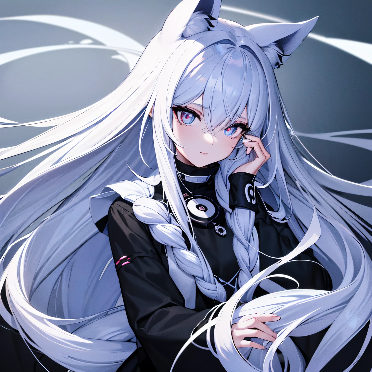 1girl, slim height about 150 cm , Wearing clothes black and white, long sleeves cover hands, (Eye strain hair,  Spiral hair:1.36), long light blue hair with white tips, Two tails, Yellow bright eyes with a white cat pupil, Best Quality, detailed pupil, illustartion