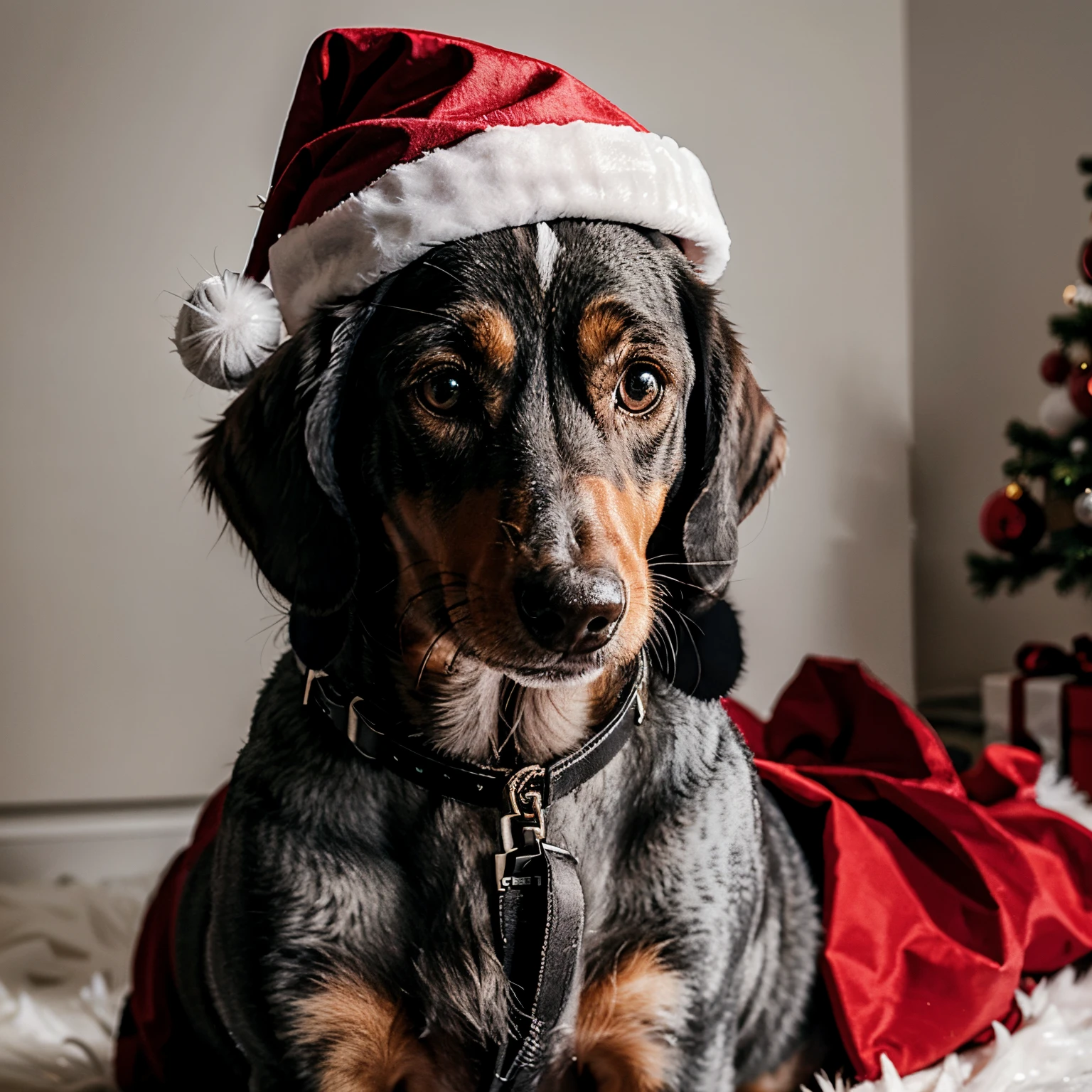 Grey dachshund dog as father Christmas