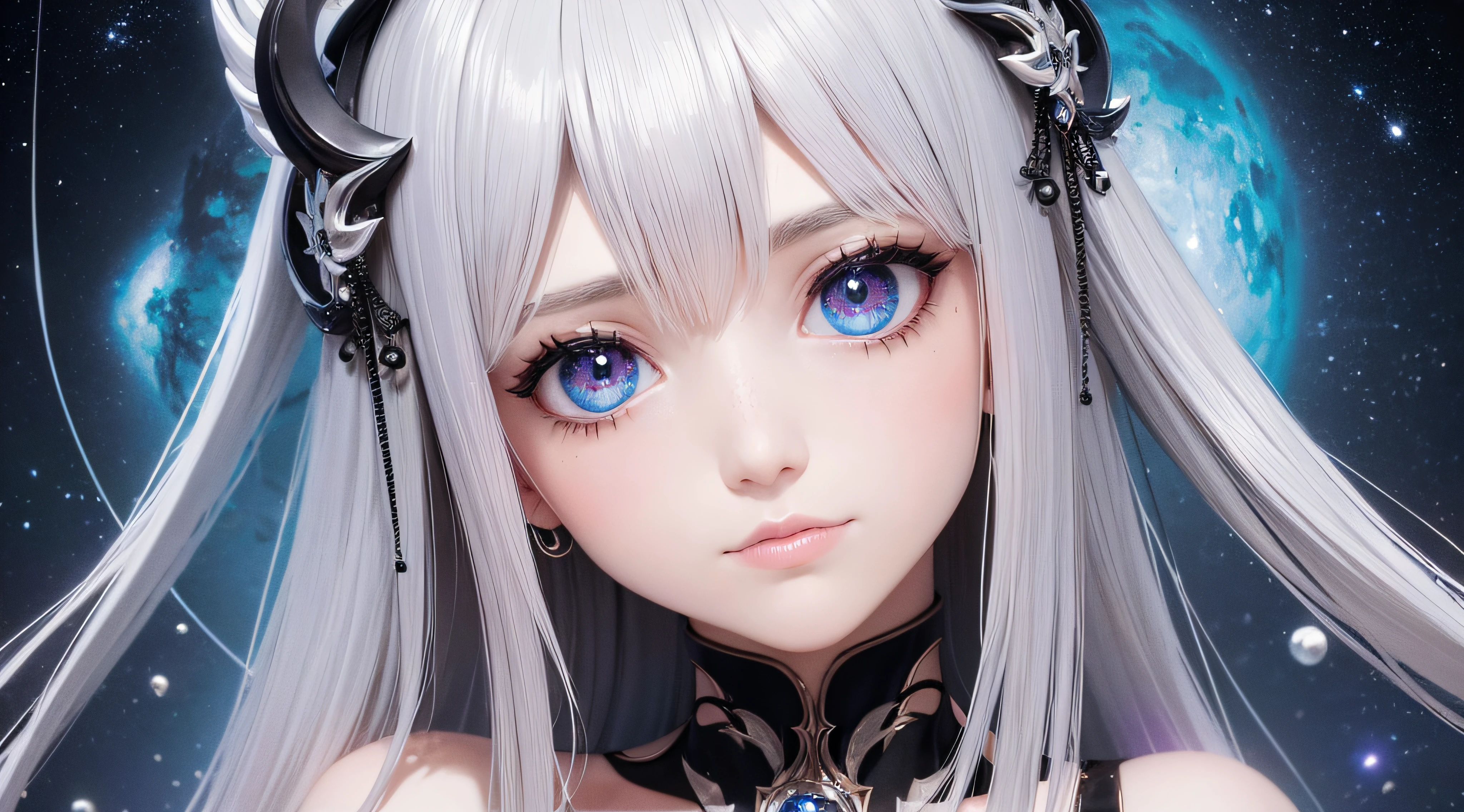 (melhor qualidade,Ultra - Detalhado,best illustration,Melhor sombra,tmasterpiece,A high resolution,ProfissionalArtwork,obras de arte famosas),Olhos detalhados,Olhos belos,clivagem em close-up,scientific fiction,esclera colorida,robot eyes,marcas faciais,Tatuado com,(fractalizado,olhos fractais),olhos grandes,olhos arregalados,(foco ocular),Foco Sface,Cosmic eyes,Olhos espaciais,Close-up da escultura de metal de uma mulher com uma lua em seu cabelo,deusas。Detalhe extremamente alto,Retrato da deusa 3D,Imagens extremamente detalhadas da deusa,Um retrato impressionante de uma deusa,Imagem lateral da deusa,Retrato de uma bela deusa,Retrato em close-up de corpo inteiro da deusa,hecate goddess,portrait of a norse moon goddess,goddess of space and time
