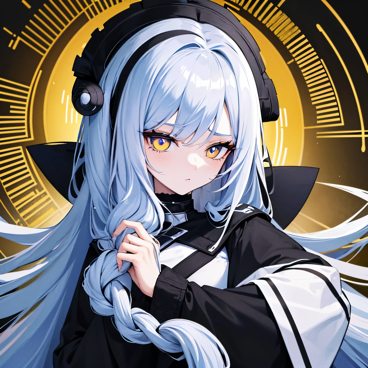 1girl, slim height about 150 cm , Wearing clothes black and white, long sleeves cover hands, (Eye strain hair, Spiral hair:1.36), long light blue hair with white tips, Two tails, Yellow bright eyes with a white cat pupil, Best Quality, detailed pupil, illustartion