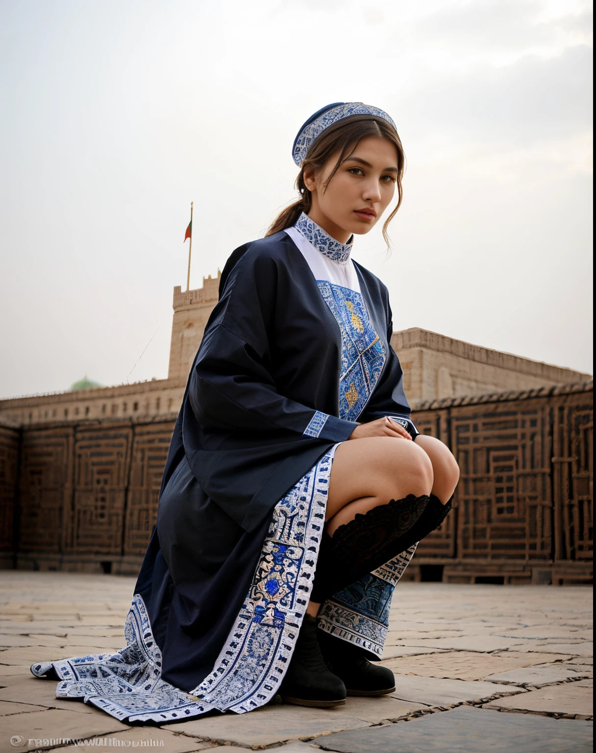 high fashion, hyperrealism, clothing in the style of the Ark fortress, the ancient citadel in Bukhara, Uzbekistan, material with a traditional pattern or drawings in the spirit of the works of artists of that time: at the same time, clothing models refer to those times,material decorated with traditional patterns or drawings inspired by the works of famous artists to create a unique image
