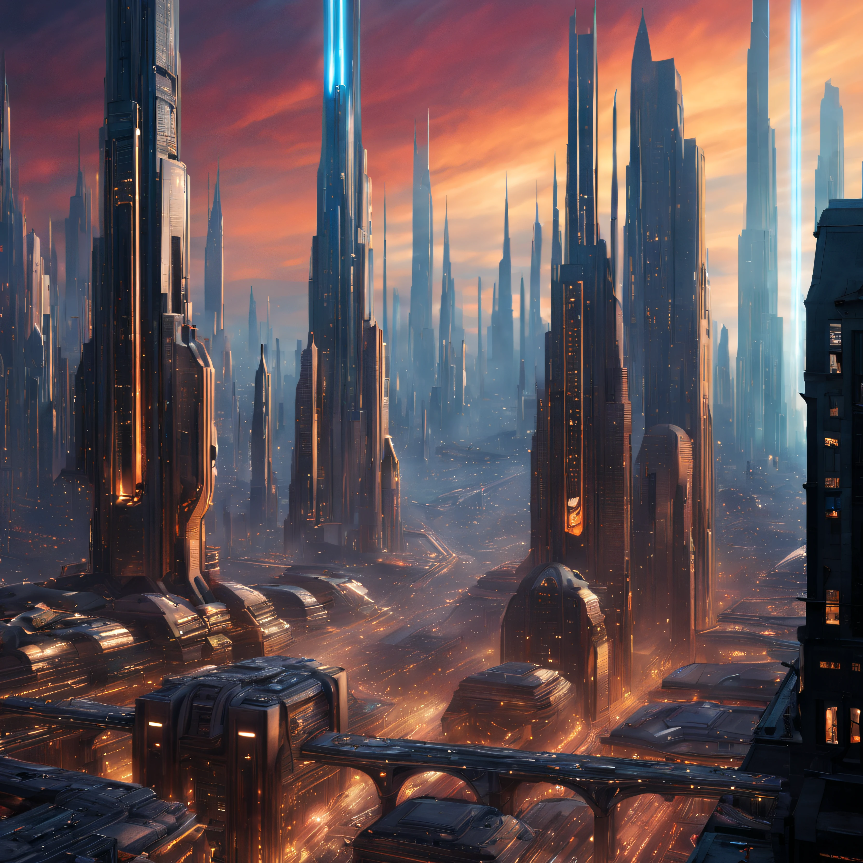 (The city of Coruscant from Star Wars as designed by Doug Chiang), futuristic fantasy city with immense buildings of technological design (que forman una avenida infinita), edificios compactor no difuminados con aspecto metalico, luces en ventanas en edificios, iluminacion diurna con sol, con estructuras acristaladas espectaculares, (con colores vivos). pavimento ensolado (sin brillo). gente paseando. imagen bien definida con muchos edificios juntos. imagen nitida bien definida 8k. los edificios llegan alta el fondo.,8k. imagen cinematografica