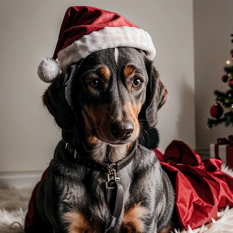 Grey dachshund dog as father Christmas