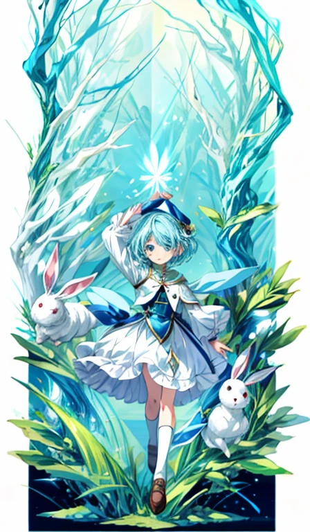 anime girl elf with short blue hair holding a white rabbit, cute anime in a nice mage outfit