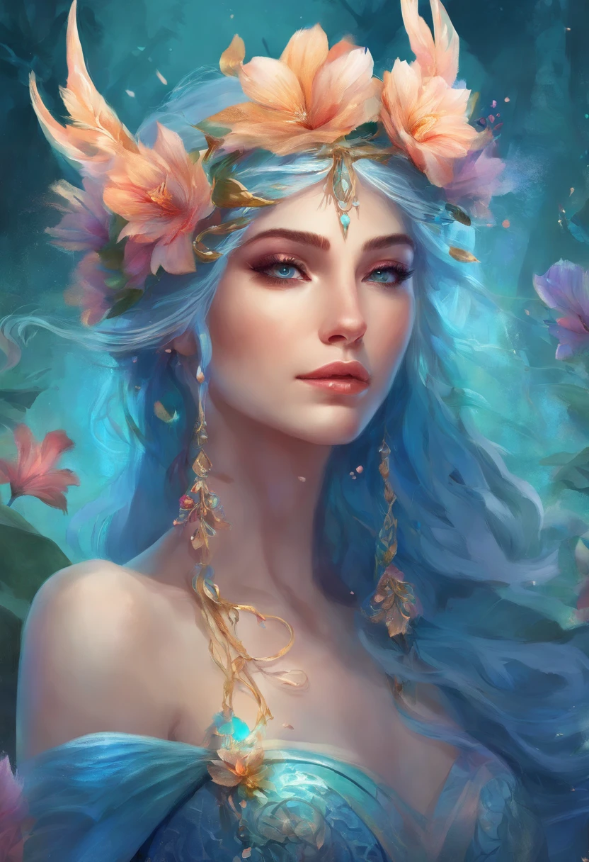 a close up of a woman with a blue face and a flower crown, closeup fantasy with water magic, ornate cosplay, portrait of mermaid queen, fantasy portrait, beautiful fantasy portrait, portrait of very beautiful elf, detailed matte fantasy portrait, hyperdetailed fantasy character, portrait of mermaid warrior, fantasy inspired, vibrant fantasy style, fantasy art portrait, portrait of an elf queen