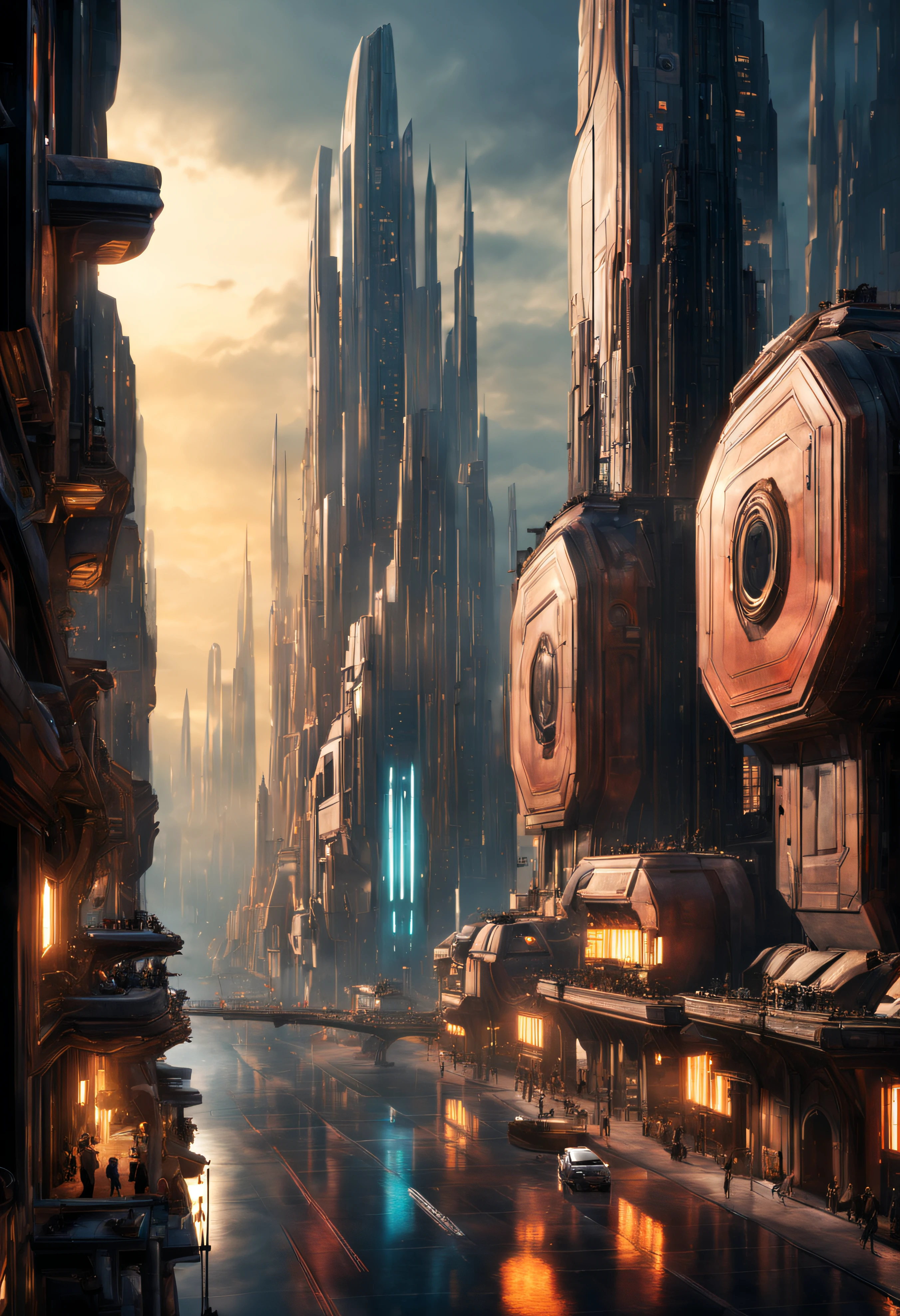 (The city of Coruscant from Star Wars as designed by Doug Chiang), futuristic fantasy city with immense buildings of technological design (que forman una avenida infinita), edificios compactor no difuminados con aspecto metalico, luces en ventanas en edificios, iluminacion diurna con sol, con estructuras acristaladas espectaculares, (con colores vivos). pavimento ensolado (sin brillo). gente paseando. imagen bien definida con muchos edificios juntos. imagen nitida bien definida 8k. los edificios llegan alta el fondo.,8k. imagen cinematografica
