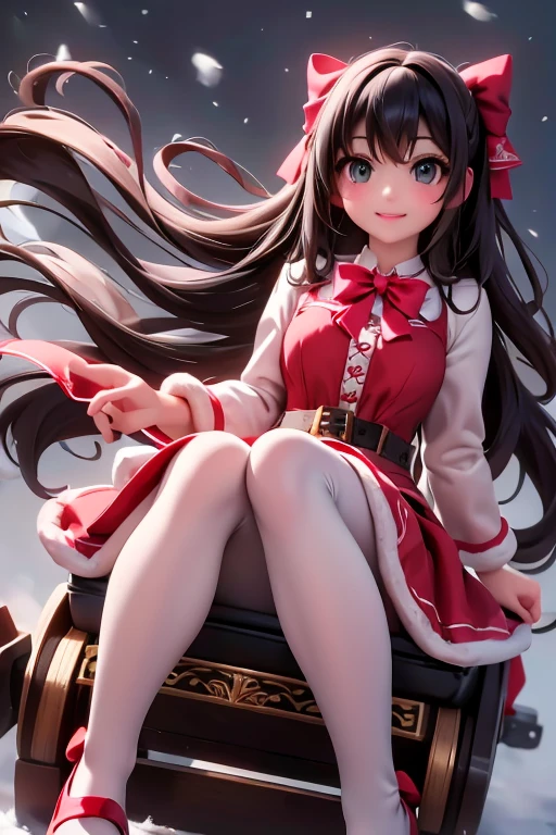 a cute girl smiling sitting on a sleigh, black hair, christmas steampunk dress, christmas hair ribbons, white pantyhose, red pumps, magical night, winter night, magical sparks floating, falling snow,