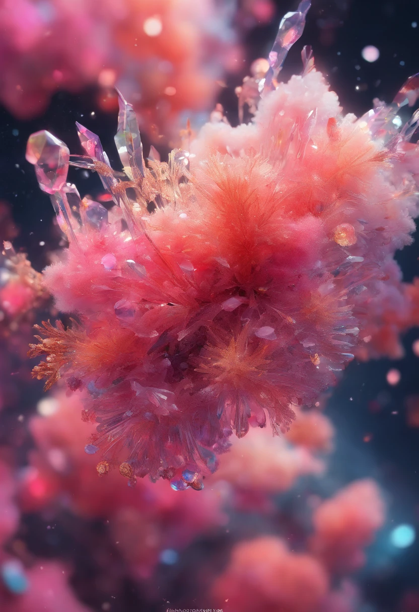 photo RAW, (Black, pink, fuchsia, red : Portrait of a ghostly long tailed crystal, white ice crystals, opal snowflakes, rose gold minerals, woman, shiny aura, highly detailed, frozen organically grown crystals, gold and pearl filigree, intricate motifs, organic tracery, Kirnan Shipka, Januz Miralles, Hikari Shimoda, glowing stardust by W. Zelmer, perfect composition, smooth, sharp focus, sparkling particles, lively coral reef background Realistic, realism, hd, 35mm photograph, 8k), masterpiece, award winning photography, natural light, perfect composition, high detail, hyper realistic