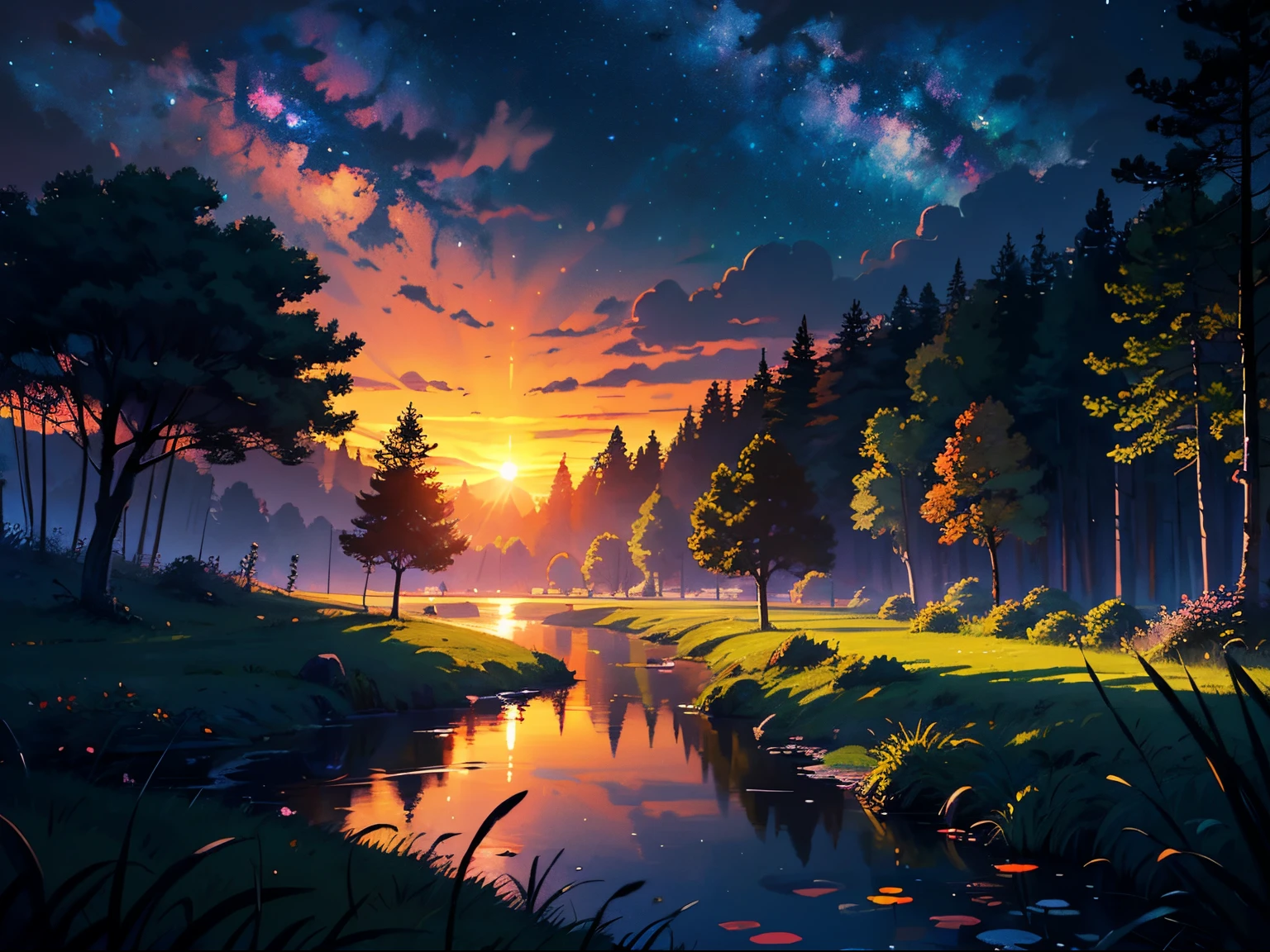 illustration, cartoon, soothing tones, calm colors, (anime), (illustration), cartoon, detailed, masterpiece, beautiful landscape, forest, pond, pathway,night, nebula, starry sky, 8k, best quality, dark shot, detailed, The light of the setting sun reflects fantastically from the seaside and scatter, sunset