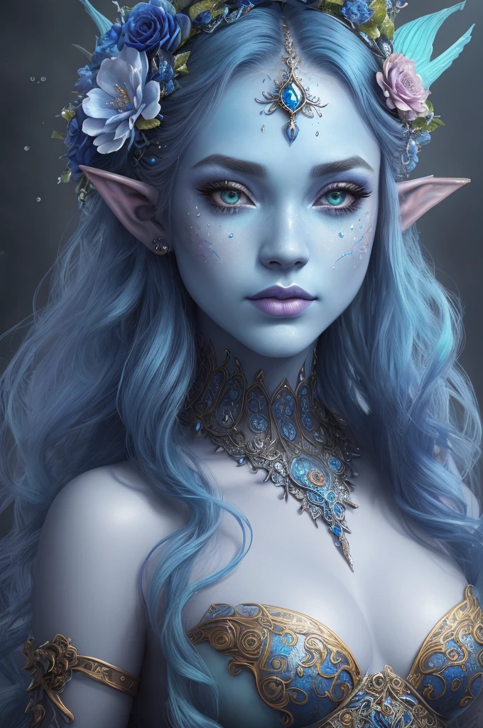 a close up of a woman with a blue face and a flower crown, digital art inspired by Hedi Xandt, trending on cg society, fantasy art, closeup fantasy with water magic, ornate cosplay, portrait of mermaid queen, fantasy portrait, beautiful fantasy portrait, portrait of very beautiful elf, detailed matte fantasy portrait, hyperdetailed fantasy character, portrait of mermaid warrior