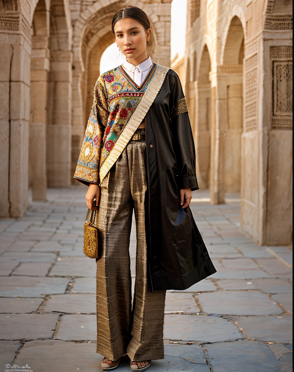 high fashion, hyperrealism, clothing in the style of the Ark fortress, the ancient citadel in Bukhara, Uzbekistan, material with a traditional pattern or drawings in the spirit of the works of artists of that time: at the same time, clothing models refer to those times,material decorated with traditional patterns or drawings inspired by the works of famous artists to create a unique image