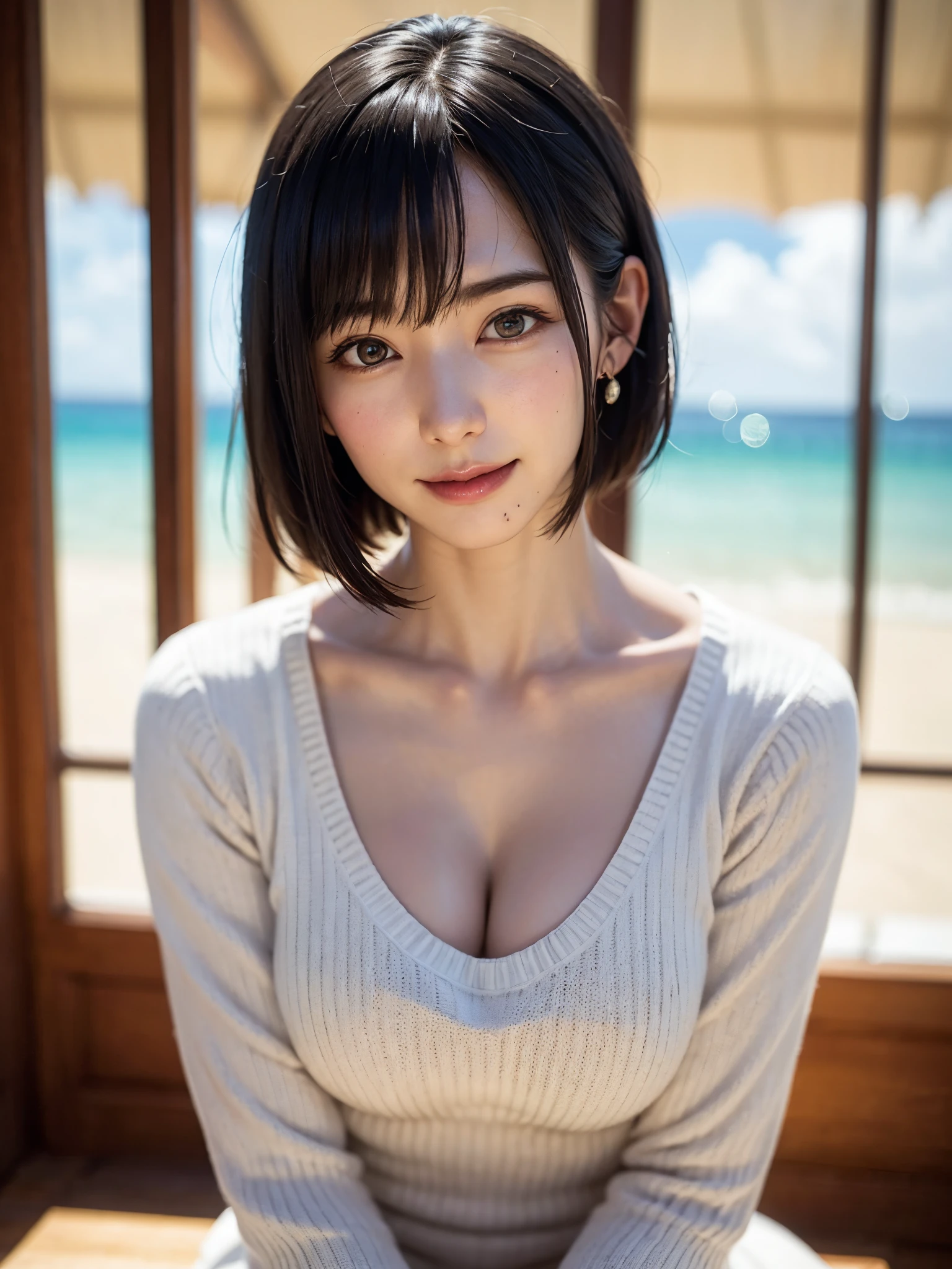 ***1人、top-quality、realisitic、独奏、depth of fields、natural soft light、during daytime、魅惑的、beauitful face、Cleanliness、Pure face、de pele branca、kawaii、short-hair、bangss、the beach、rays of sunshine、nedium breasts、full body Esbian、((Sweaters、Beautiful face of golden proportions、Symmetrical beautiful face))、long neck、Put your ears out、Clean short bob hair with bangs、Smile with your mouth closed、Perfect fingers、perfect hand、Perfect body、face perfect、Shine a light into the eyes、Perfect Anatomy:1.4、very cute super model:1.4