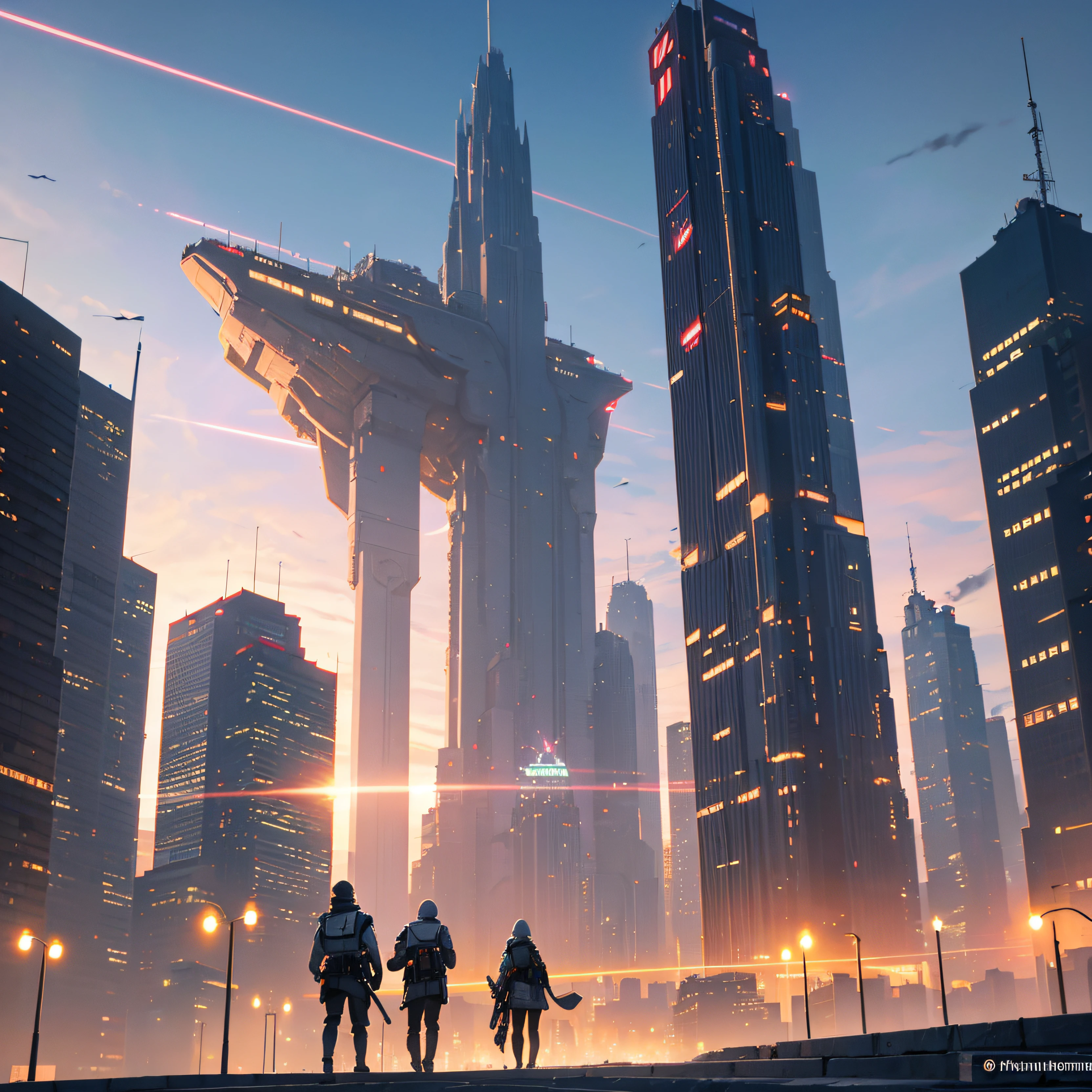 (The city of Coruscant from Star Wars as designed by Doug Chiang), futuristic fantasy city with immense buildings of technological design (que forman una avenida infinita), edificios compactor no difuminados con aspecto metalico, luces en ventanas en edificios, iluminacion diurna con sol, con estructuras acristaladas espectaculares, (con colores vivos). pavimento ensolado (sin brillo). gente paseando. imagen bien definida con muchos edificios juntos. imagen nitida bien definida 8k. los edificios llegan alta el fondo.,8k. imagen cinematografica