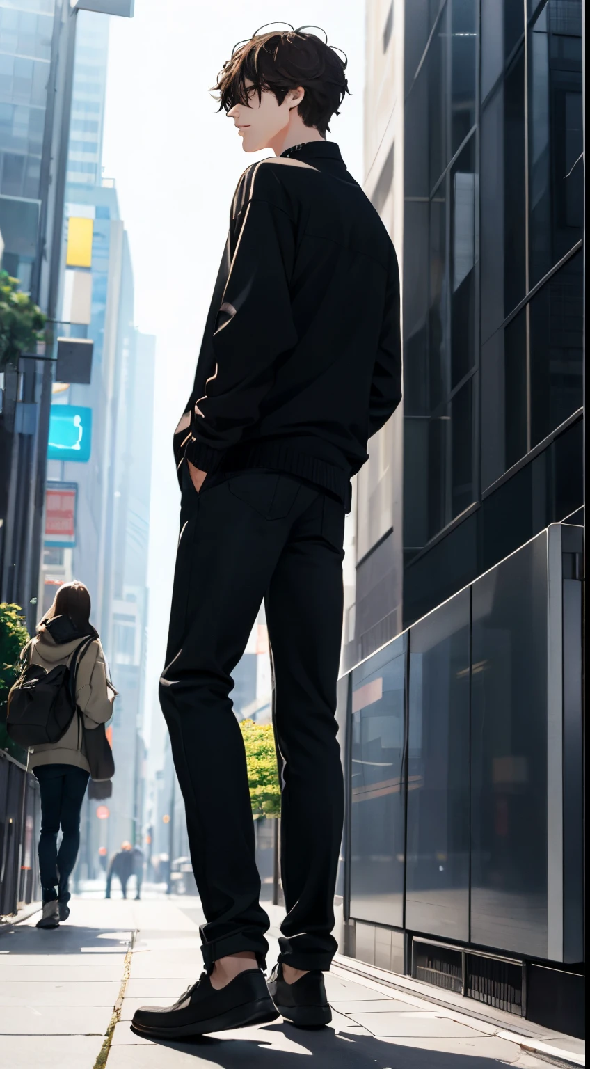 high-level image quality、A young man、dark brown hair、Cool、posterior view、Full body like、Backlight、Stylish clothes、I can't see my face、straight haired
