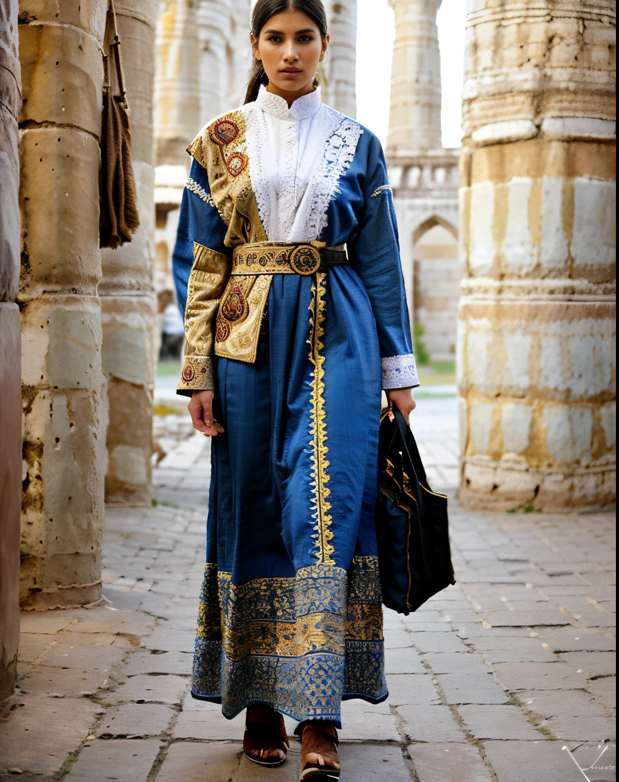 high fashion, hyperrealism, clothing in the style of the Ark fortress, the ancient citadel in Bukhara, Uzbekistan, material with a traditional pattern or drawings in the spirit of the works of artists of that time: at the same time, clothing models refer to those times,material decorated with traditional patterns or drawings inspired by the works of famous artists to create a unique image
