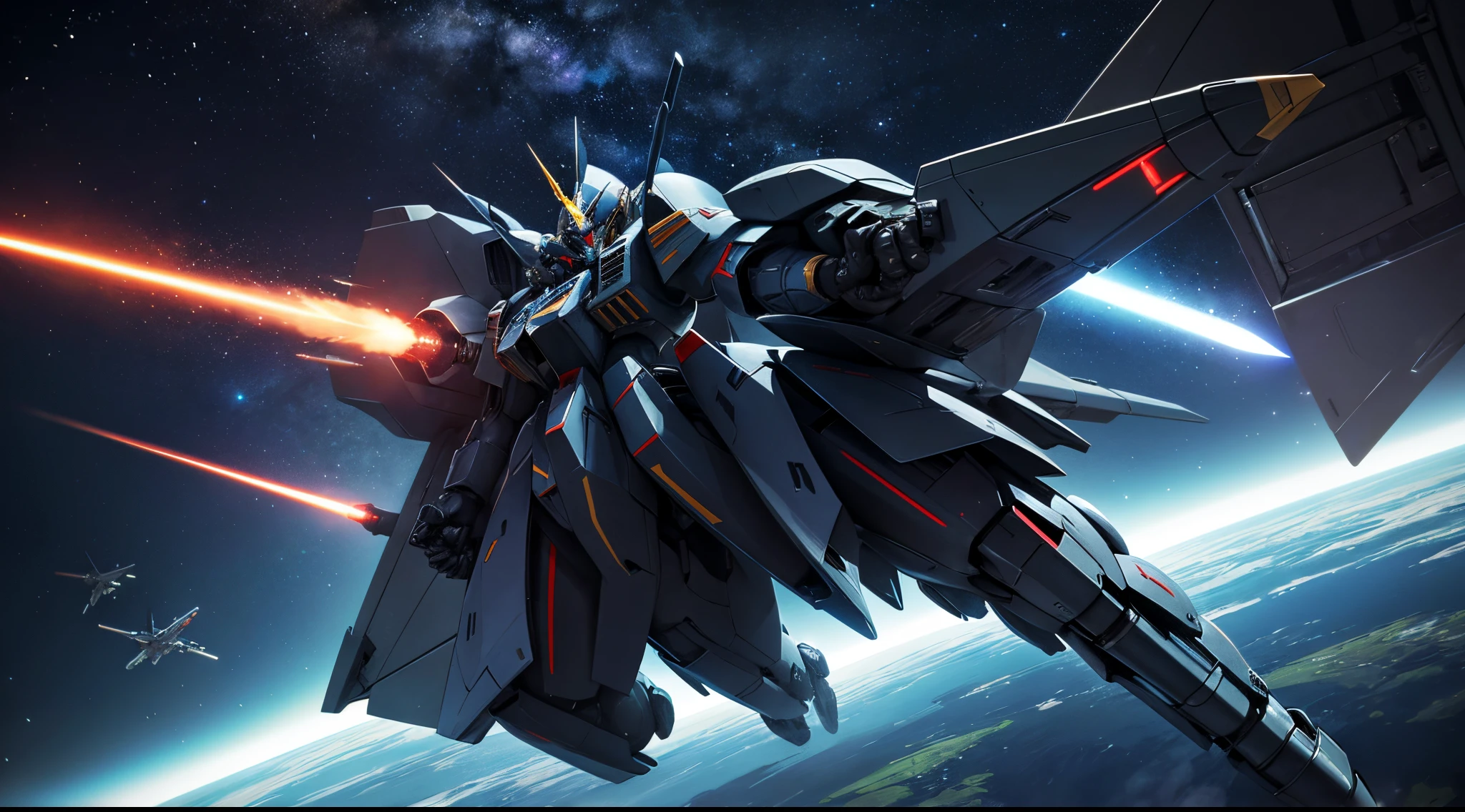 1 mobile suit、The entire aircraft is visible、Equipped with a beam saber、fighting against enemies far away、latest design、Sophisticated futuristic design、Design like developed by ZEON、space section、Lots of stars、masterpiece、depicted in a surreal manner、8k