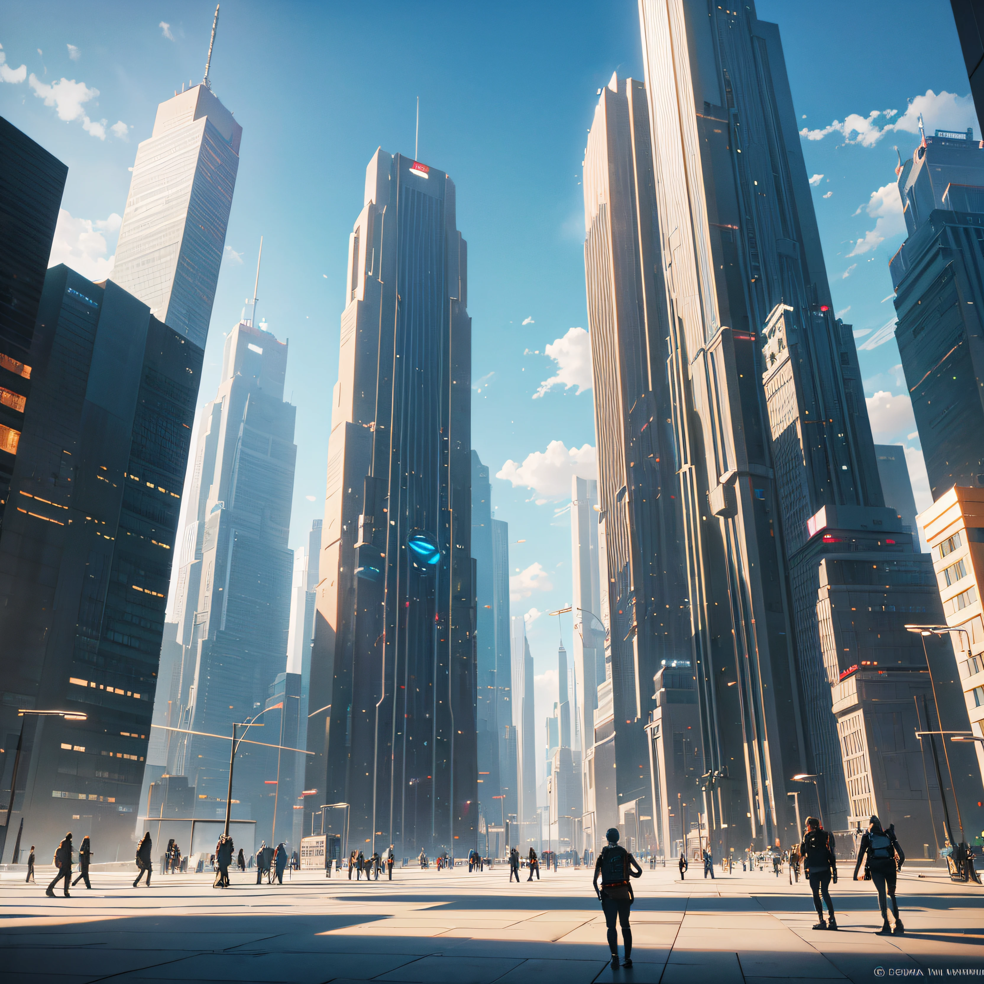 (The city of Coruscant from Star Wars as designed by Doug Chiang), futuristic fantasy city with immense buildings of technological design (que forman una avenida infinita), edificios compactor no difuminados con aspecto metalico, luces en ventanas en edificios, iluminacion diurna con sol, con estructuras acristaladas espectaculares, (con colores vivos). pavimento ensolado (sin brillo). gente paseando. imagen bien definida con muchos edificios juntos. imagen nitida bien definida 8k. los edificios llegan alta el fondo.,8k. imagen cinematografica