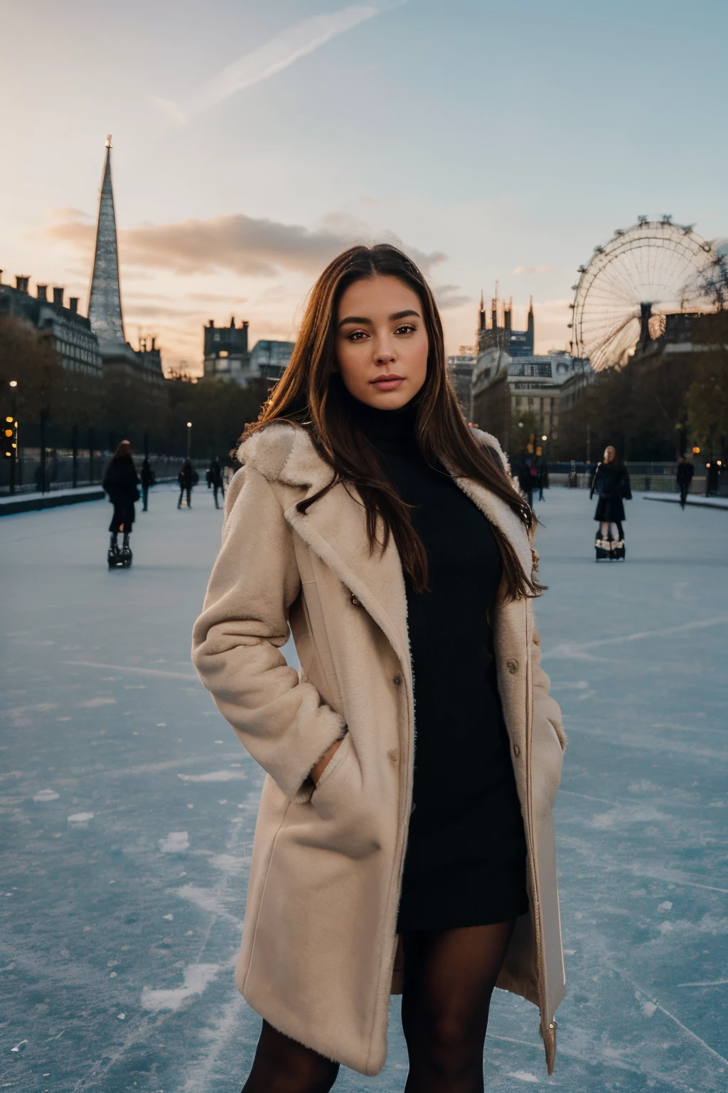 woman wearing ice skates in a fur coat standing, short black dress and black tights, outdoor ice skating ring, full length shot wearing ice skates, cold as ice! 🧊, (London eye in the background), London in the background, park in background, with a park in the background, in the middle of London, snapchat photo, very detailed, a beautiful young woman, beautiful tan woman, gorgeous face, brunette hair, long_hair, symmetrical face, gorgeous, western, (masterpice), best quality, high resolution, extremely detailed, skin with pores.