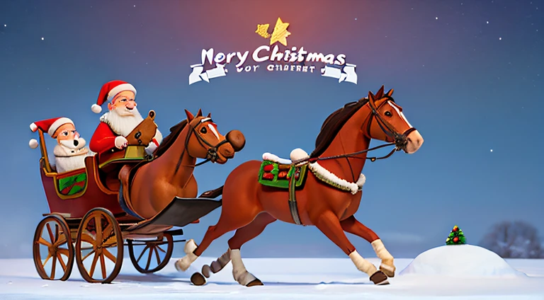 draw your Family Christmas, holiday funny cartoon caricature card, Santana , Christmas , snow, horse carriage, horse beside themselves with father christmas on the horse, with one christmas not anyone there , and on the air not on the floor
