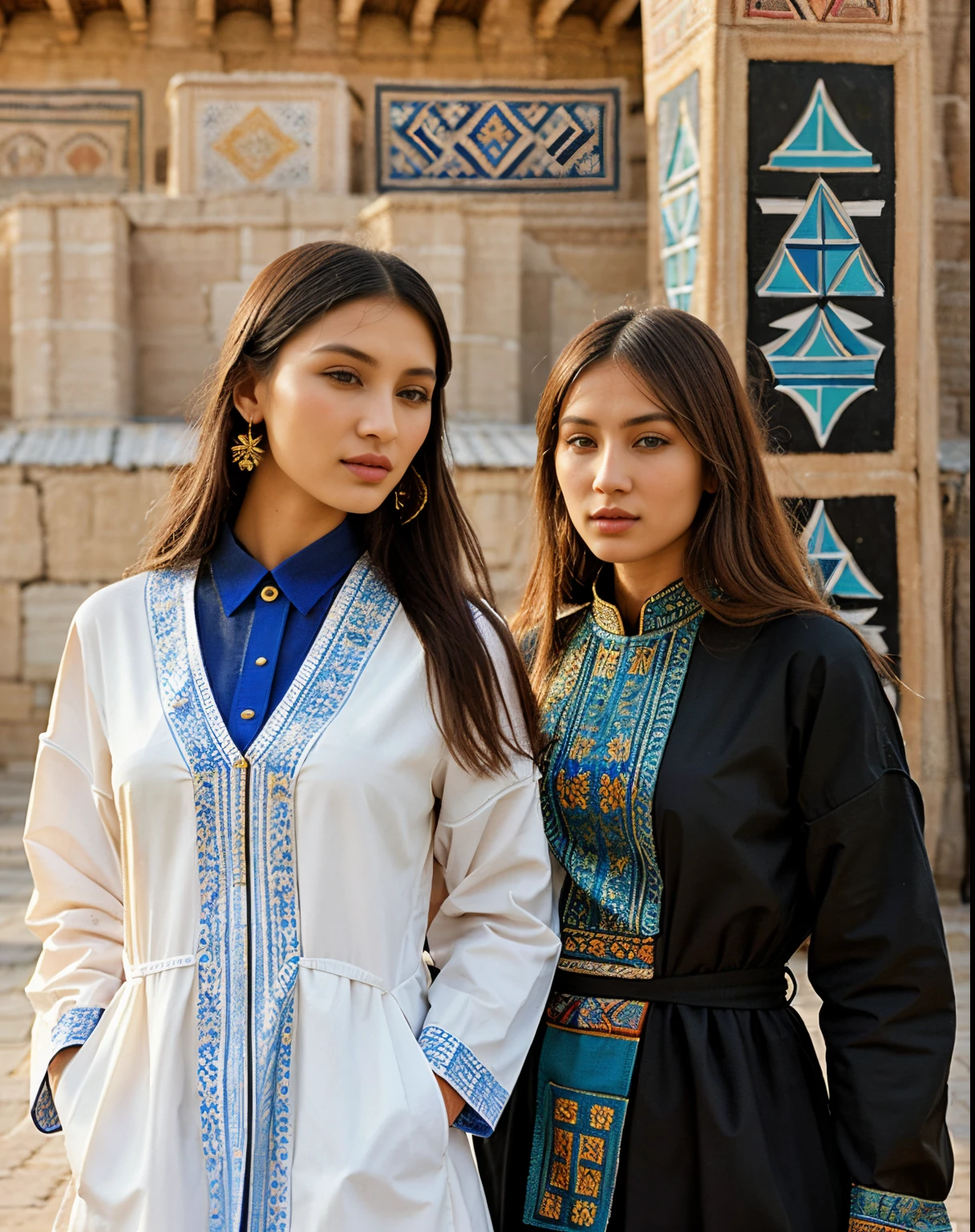 high fashion, hyperrealism, clothing in the style of the Ark fortress, the ancient citadel in Bukhara, Uzbekistan, material with a traditional pattern or drawings in the spirit of the works of artists of that time: at the same time, clothing models refer to those times,material decorated with traditional patterns or drawings inspired by the works of famous artists to create a unique image