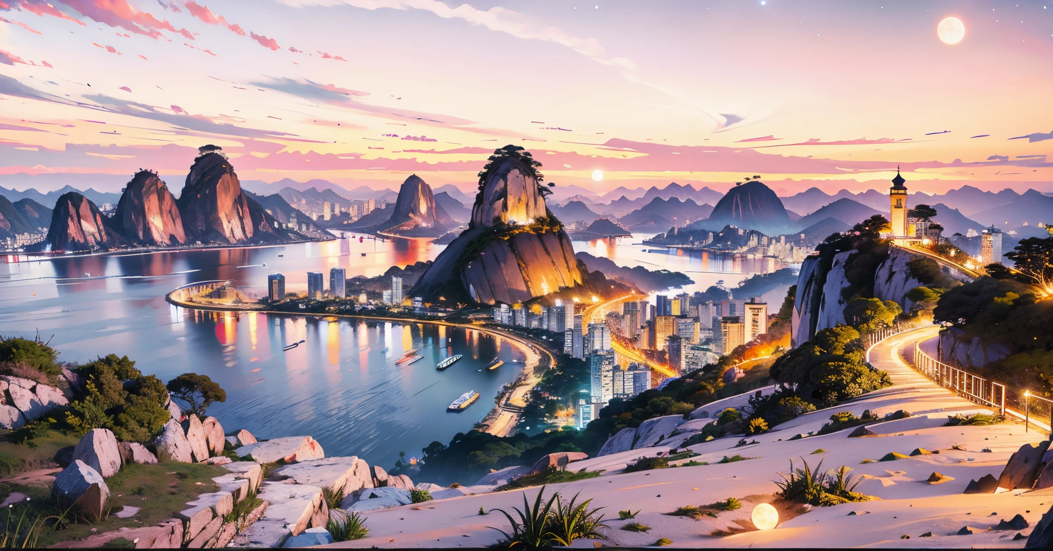 expansive landscape photograph from Rio de Janeiro, Brazil,(a view from below that shows sky above and open field below), (full moon:1.2), ( shooting stars:0.9), (nebula:1.3)