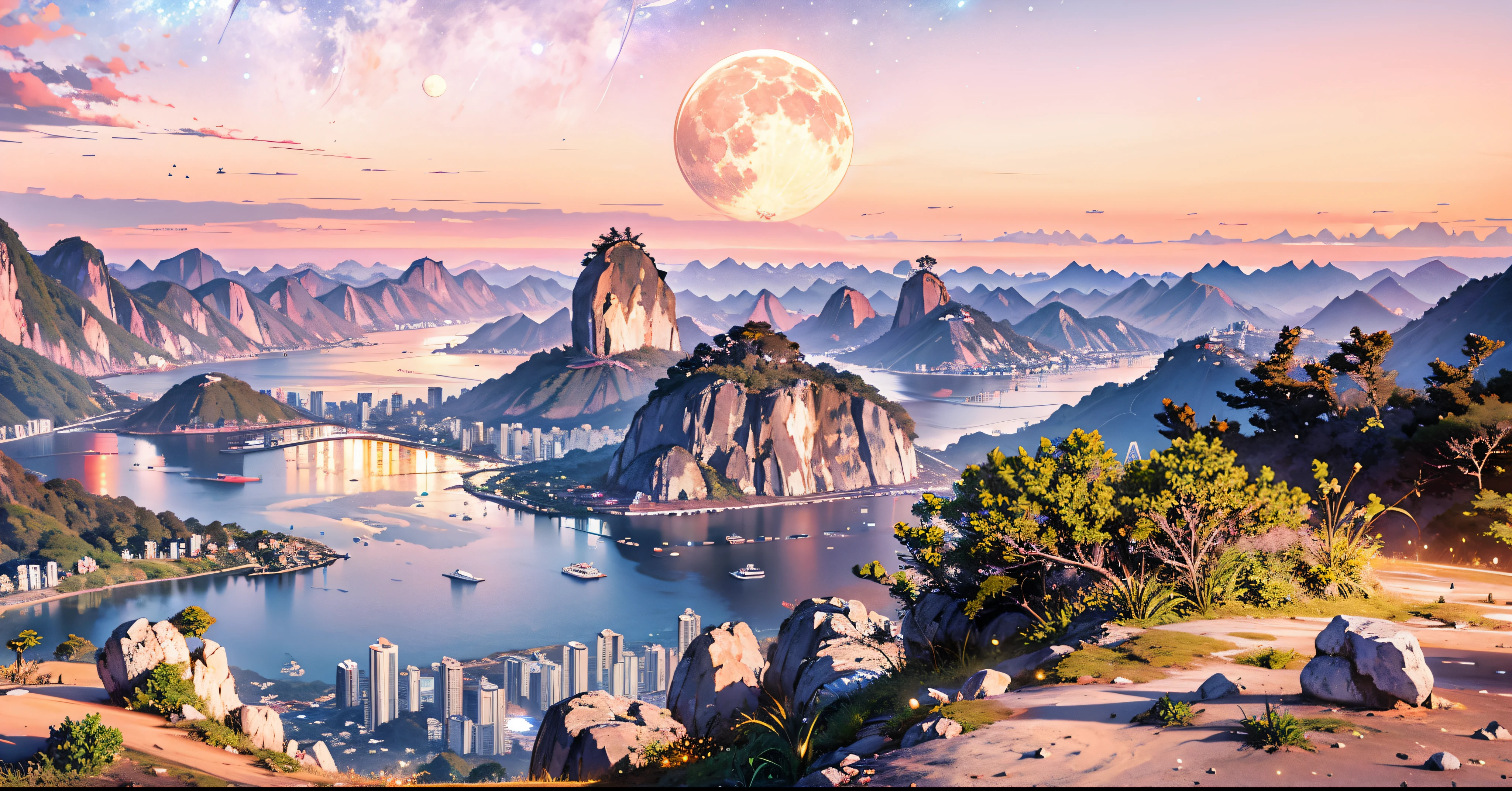 fotografia de paisagem ampla do Rio de Janeiro, Brasil,(a view from below that shows sky above and open field below), (lua cheia:1.2), ( estrelas cadentes:0.9), (nebula:1.3)
