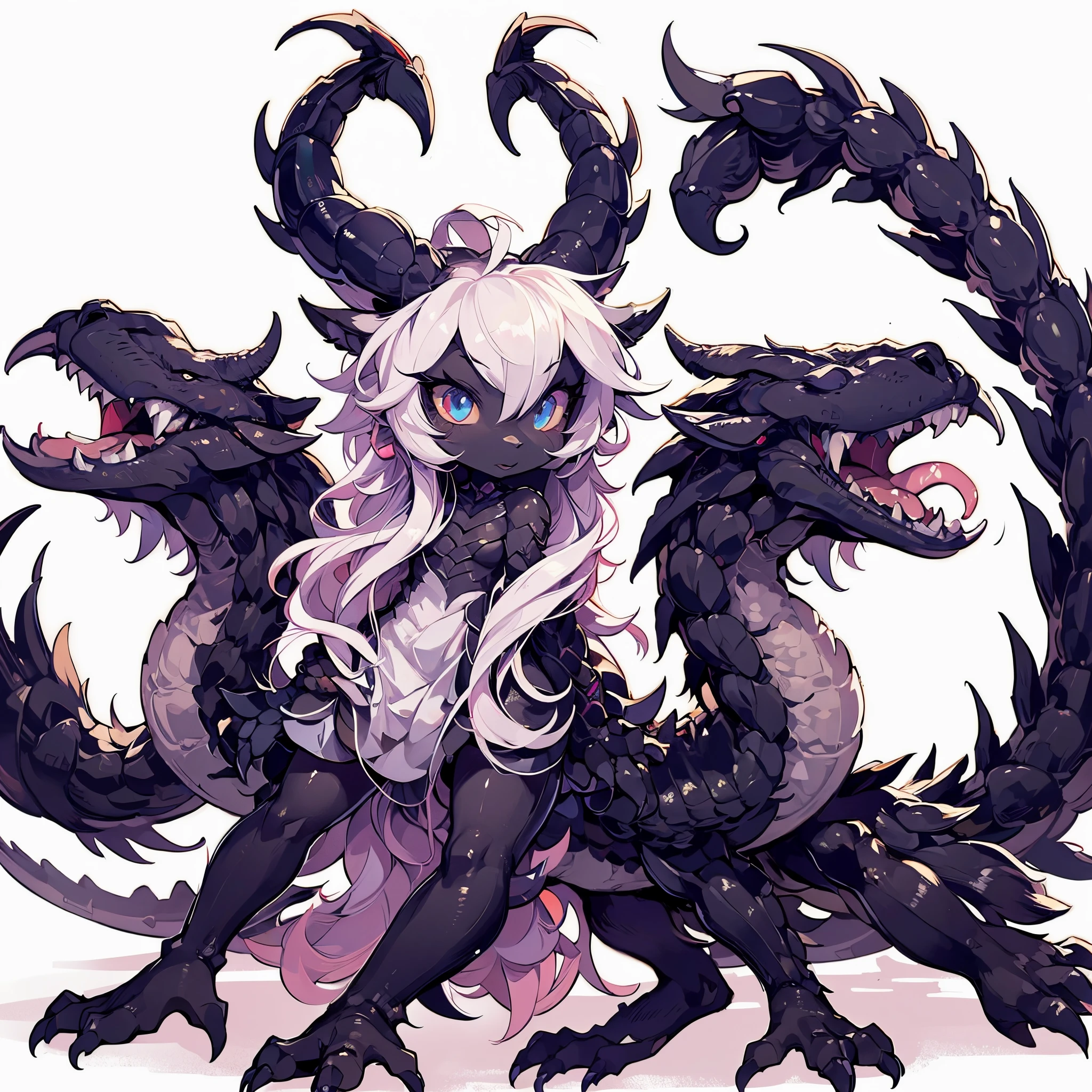 Azhdahak. Female Dragon. scorpion element. furryfemale. Black exoskeleton. Three head. Compound eyes. anime style.