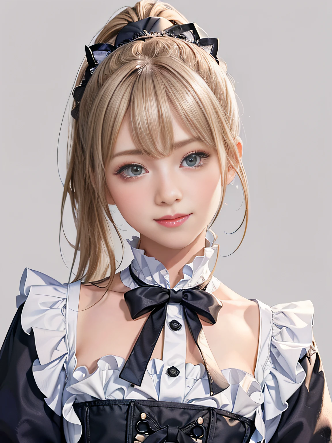 1 girl in、tiny chest、Blonde ponytail、Upper body view、Outrageous resolution、hight resolution、(masterpiece:1.4)、ultra-detailliert、Crisp details、Dramatic and photorealistic pictorial art、girl in sexy lolita costume、A smile full of cuteness、Gray wallpaper background、