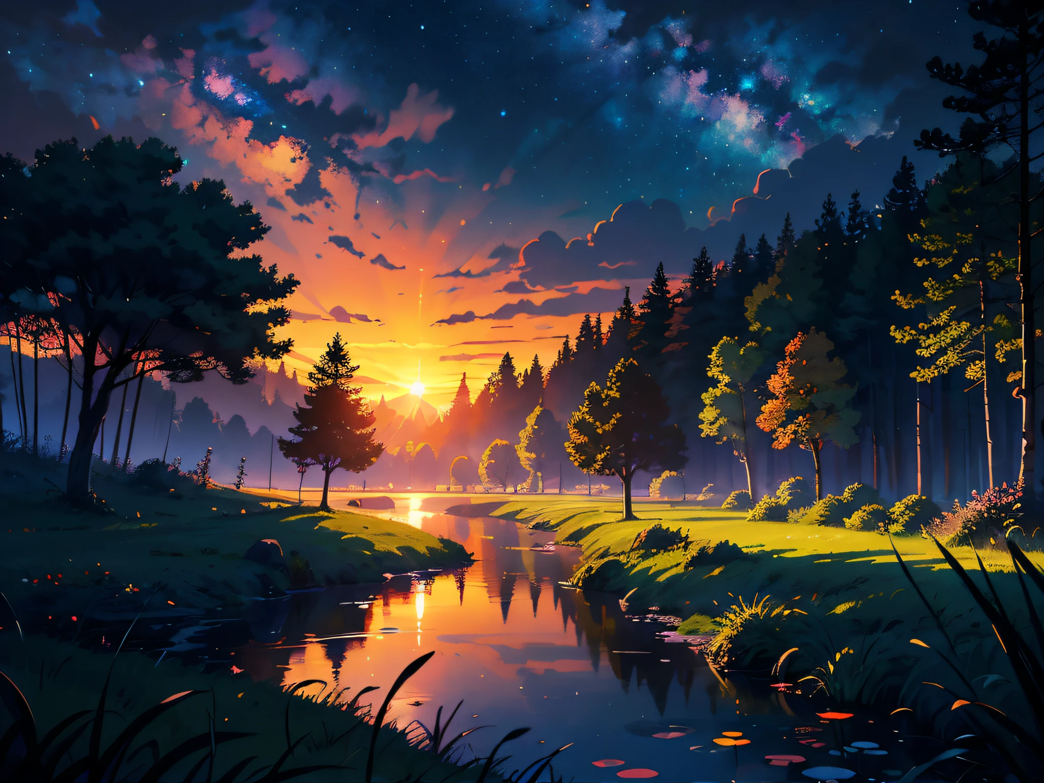 illustration, Cartoon, tons suaves, cores calmas, (anime), (illustration), Cartoon, circunstanciado, master part, bela paisagem, Floresta, Lagoa, caminho,Noite, nebula, Starry sky, 8k, best quality, tiro escuro, circunstanciado, A luz do sol poente reflete fantasticamente na beira-mar e espalha, Sunset