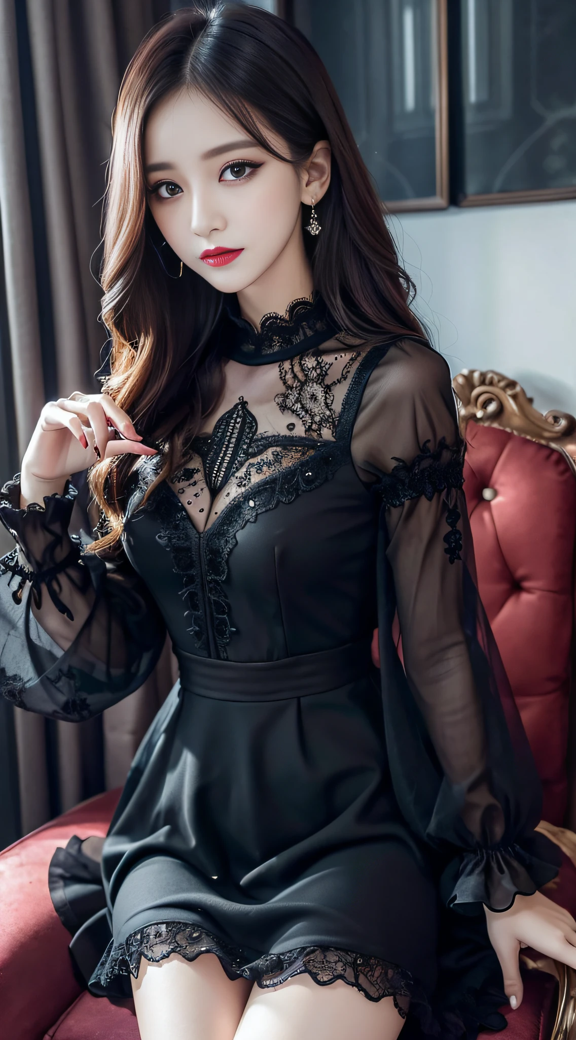 Ultra-detailed、Fascinating beauty、Dainty woman、Cool Girl、Wavy Hair、Black chiffon dress、Wide sleeves、flered skirt、Evil Female Executive、Evil Fall、brainwash、lacy fabric、Glossy legs、black lipstick、Evil look、Suspicious look、Hollow eyes、wicked、Reaching out、open hand