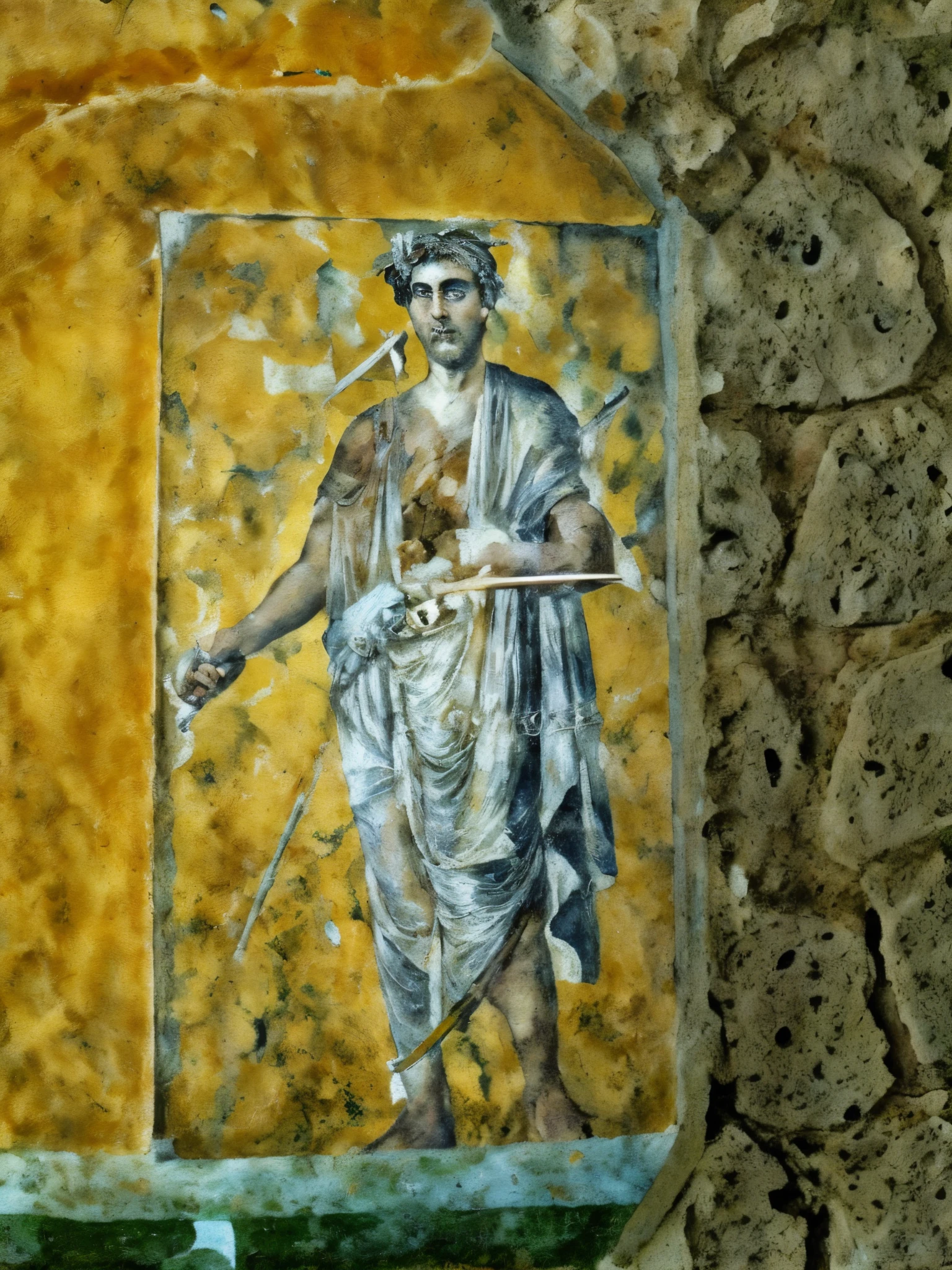 arafed painting of a man holding a sword on a wall, found in the ruins of pompeii, fresco painting, ancient roman painting, artwork roman mosaic, fresco, ancient rome man, from italica, inspired by Augustus Dunbier, inspired by Pietro Testa, dressed in roman clothes, ancient roman style, ancient greek painting, ancient roman mosaic