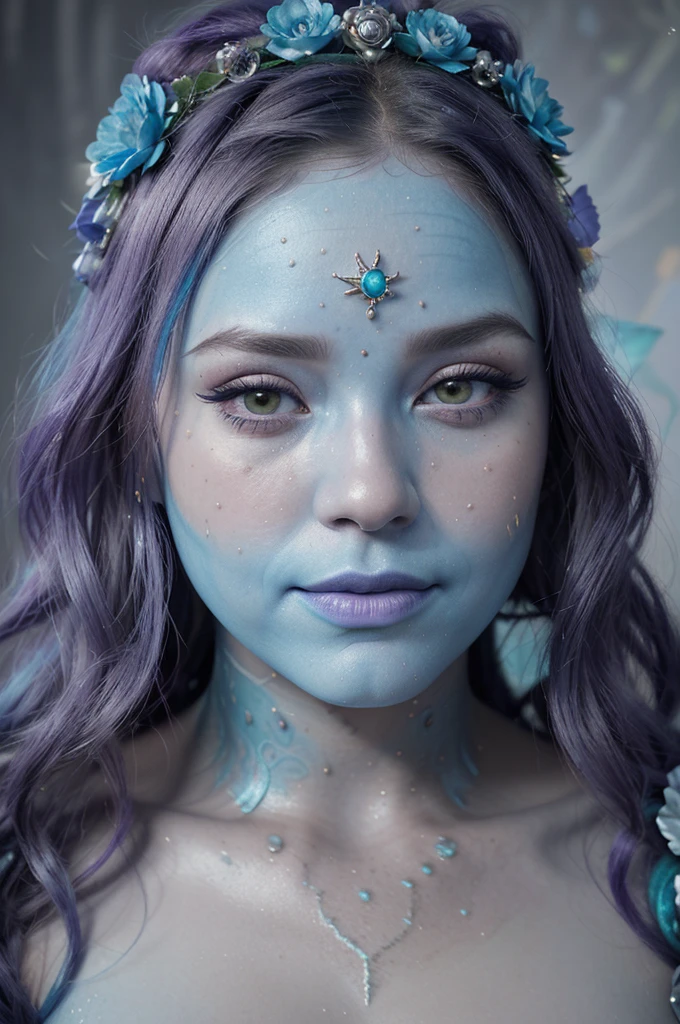 a close up of a woman with a blue face and a flower crown, digital art inspired by Hedi Xandt, trending on cg society, fantasy art, closeup fantasy with water magic, ornate cosplay, portrait of mermaid queen, fantasy portrait, beautiful fantasy portrait, portrait of very beautiful elf, detailed matte fantasy portrait, hyperdetailed fantasy character, portrait of mermaid warrior