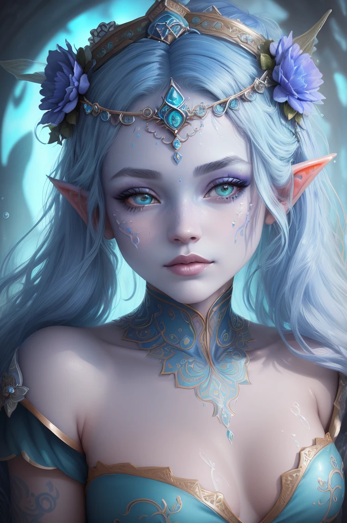 a close up of a woman with a blue face and a flower crown, digital art inspired by Hedi Xandt, trending on cg society, fantasy art, closeup fantasy with water magic, ornate cosplay, portrait of mermaid queen, fantasy portrait, beautiful fantasy portrait, portrait of very beautiful elf, detailed matte fantasy portrait, hyperdetailed fantasy character, portrait of mermaid warrior