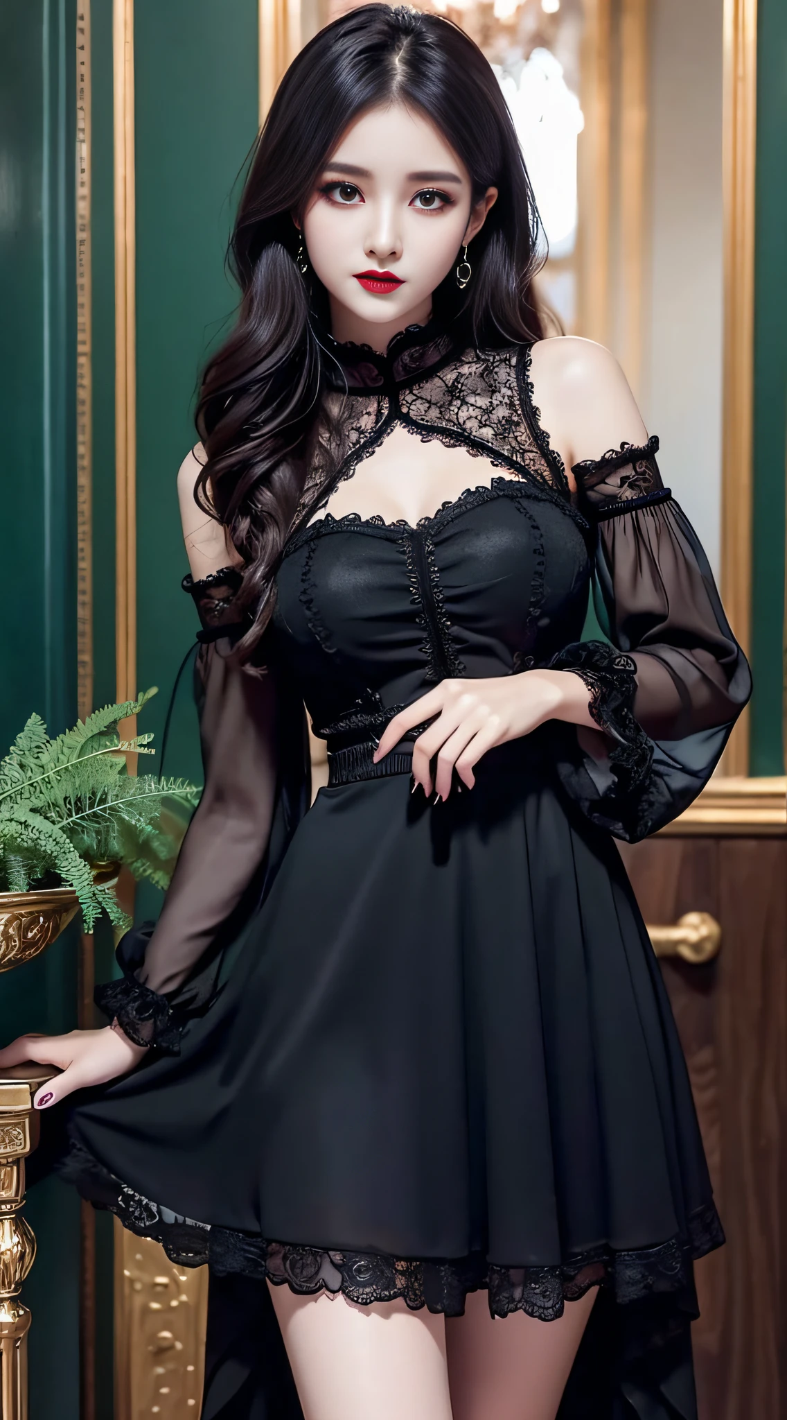 Ultra-detailed、Fascinating beauty、Dainty woman、Cool Girl、Wavy Hair、Black chiffon dress、Wide sleeves、flered skirt、Evil Female Executive、Evil Fall、brainwash、lacy fabric、Glossy legs、black lipstick、Evil look、Suspicious look、Hollow eyes、wicked、Reaching out、open hand