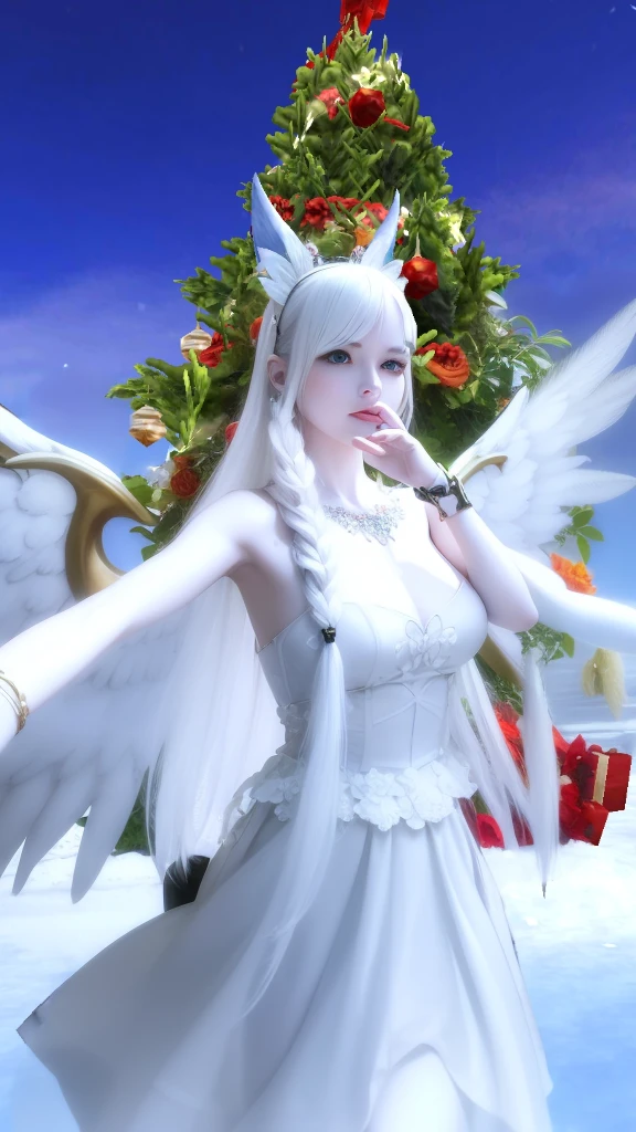 There is a woman dressed in a white dress and angel wings, Diosa del invierno, pale snow white skin, Usando Angel Halo, Reina del invierno, winter hawthorn blessing, La diosa Artemisa sonriendo, full - body majestic angel, Aion, (((Enojado))) Princesa Elfa, Reina de Hielo, Imagen del juego, Avatar de Second Life, Belleza elfa, as a mystical valkyrie