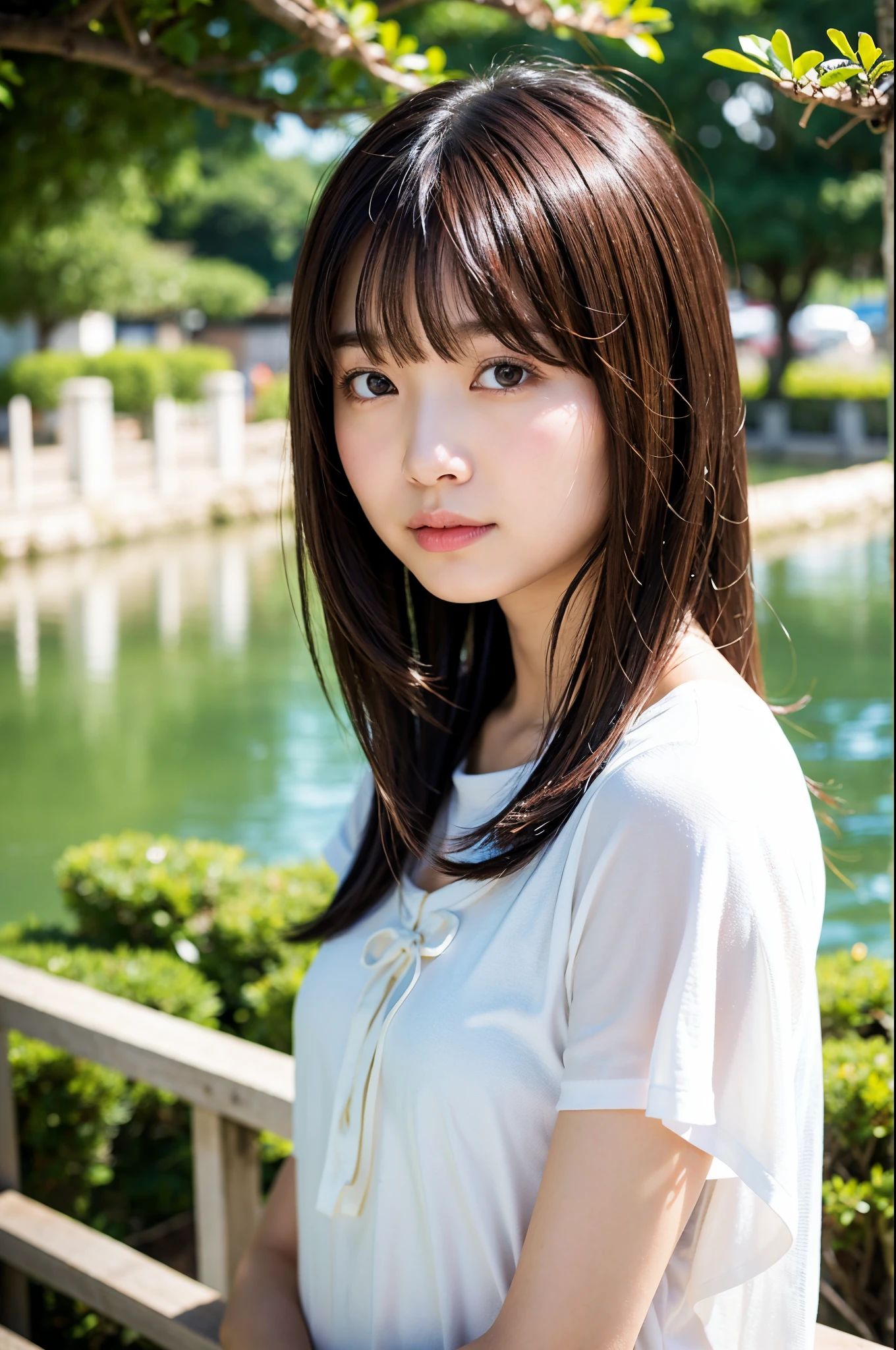 (top-quality、16K resolution)女の子1人、独奏、natural soft light、A Japanese Lady、Looking at the camera、Facing the front、is standing、Woman in her late teens、Light bangs、Salon model、Natural look、portlate、floated hair、college girls